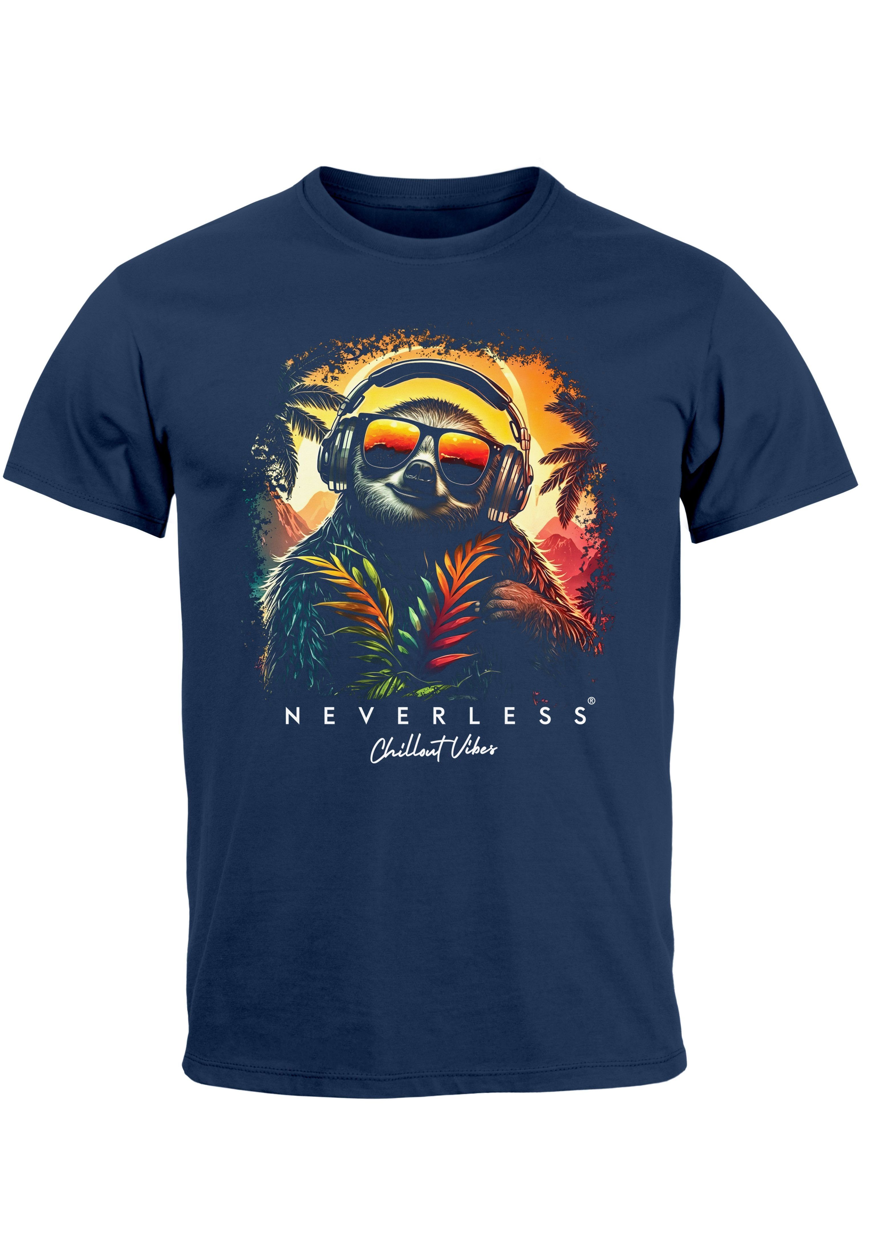 Neverless Print-Shirt Herren T-Shirt Musik DJ Chill Faultier Print Aufdruck Relax Sommer Fas mit Print navy