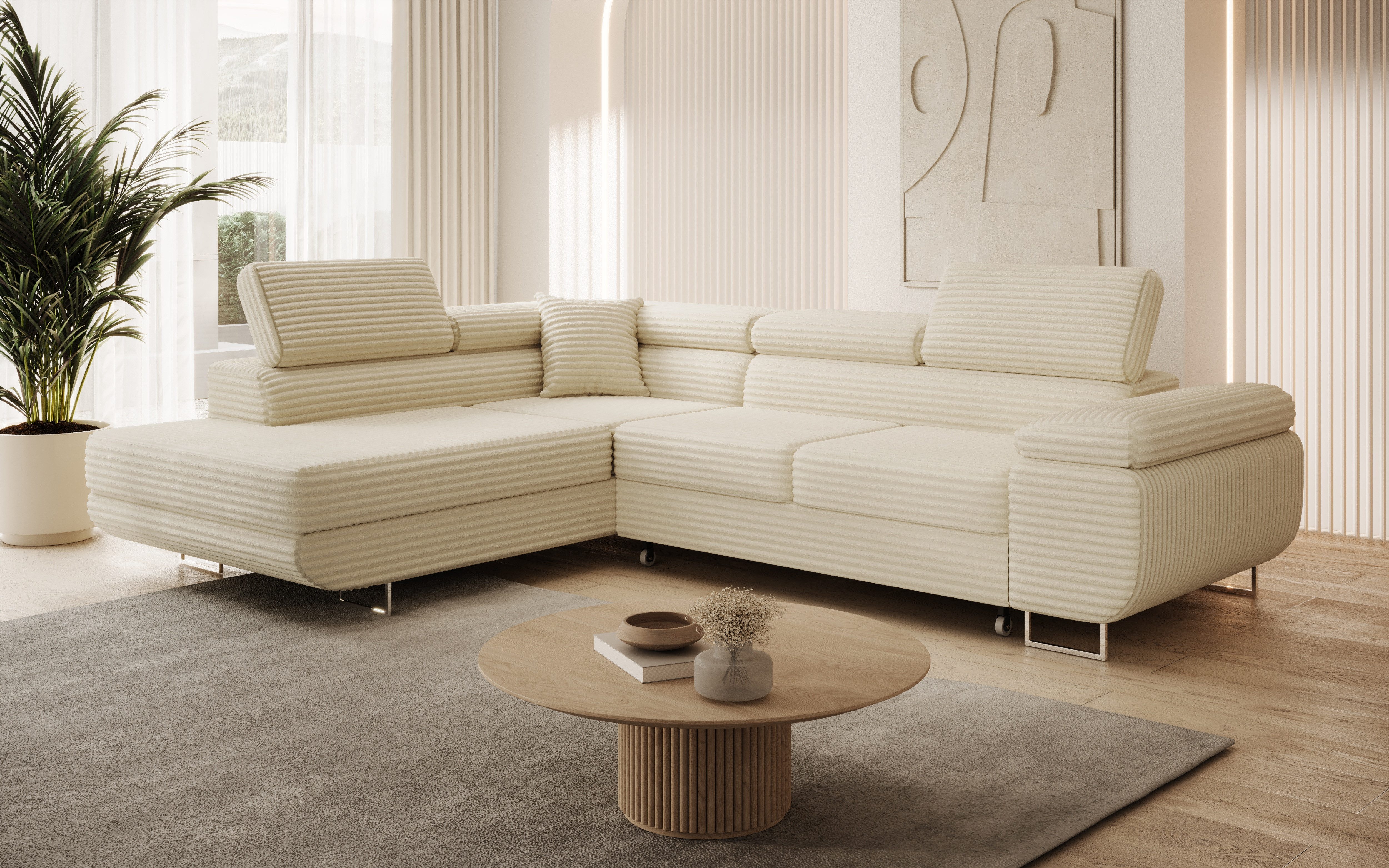 thematys Ecksofa ASTON mit Schlaffunktion & Bettkasten – Cordstoff TILIA, - mit 3 verstellbaren Kopfstützen, – L-Form 273×203 cm – Schlafsofa mit Auszug