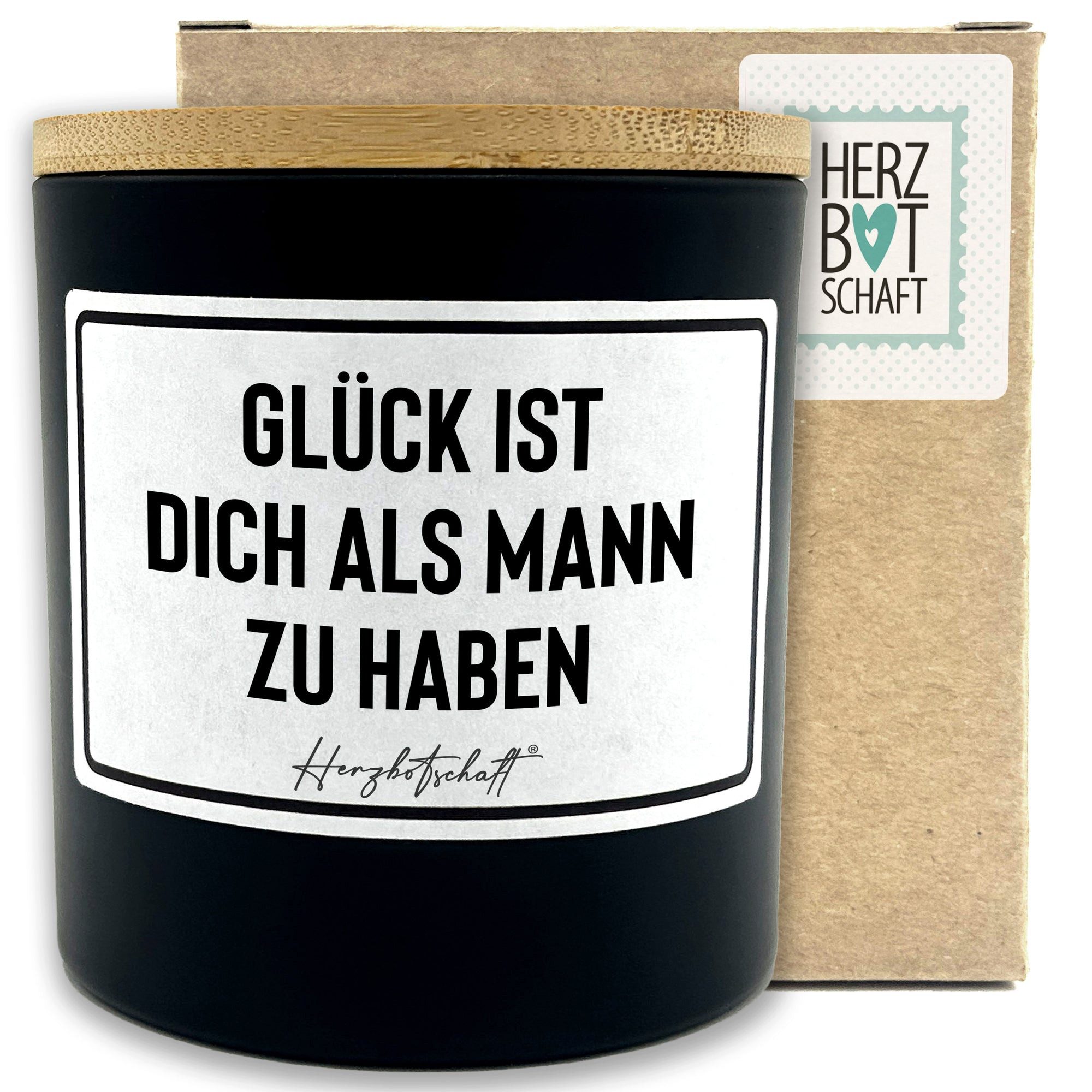 Herzbotschaft Duftkerze, (Glück ist dich als Mann zu haben, originelles Geschenk, handgemachte nachhaltige Sojakerze im Glas)