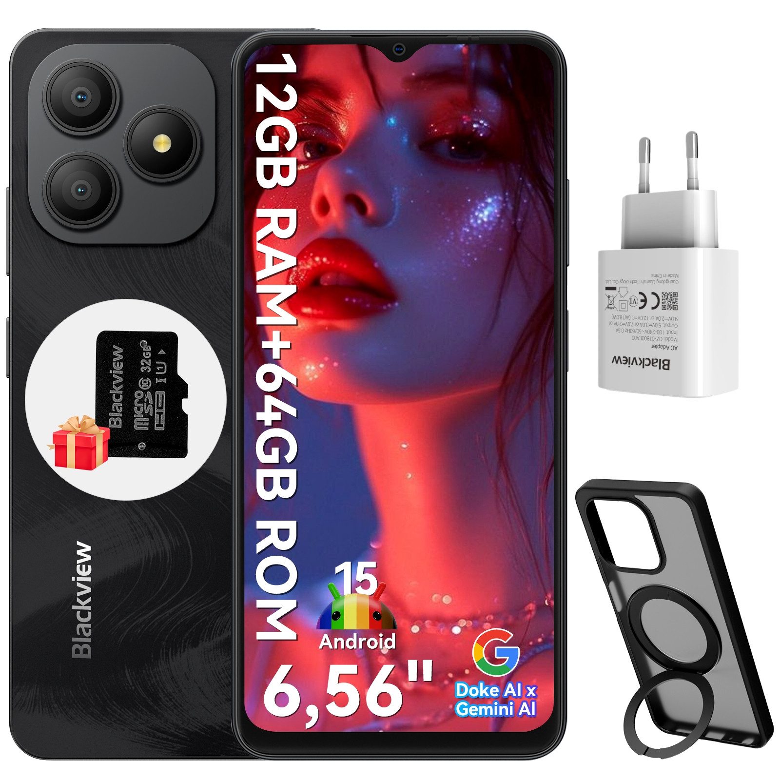 blackview WAVE 9C AI incl. 18W Ladegerät Smartphone (6,56 Zoll, 64 GB Speicherplatz, 13 MP Kamera, 13MP, Android 15, fingerprint, OTG)