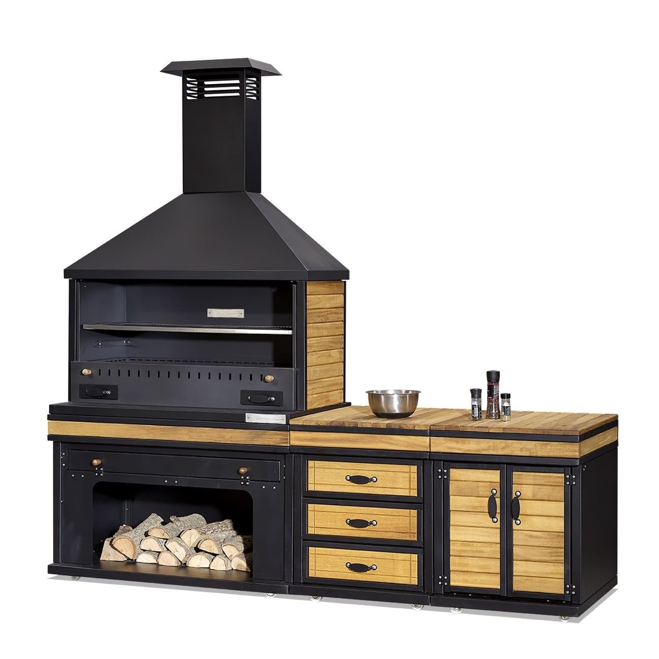JVmoebel Outdoor-Küche Elegante Außenküche aus Holz und Edelstahl in Schwarz mit Grillbereich, Made in Europe