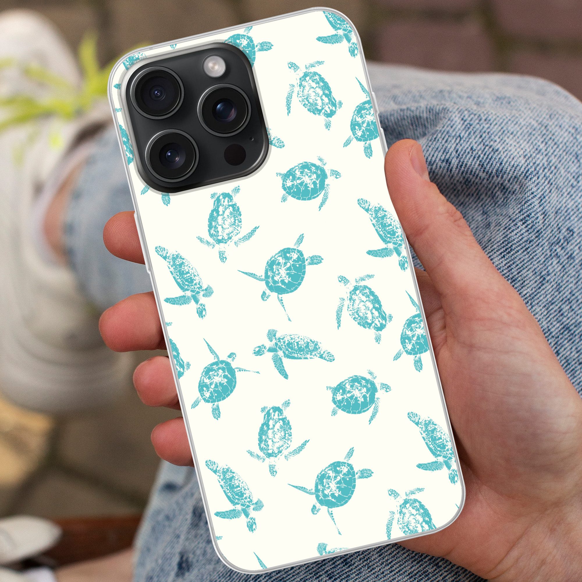 MuchoWow Handyhülle für Apple iPhone 15 Pro Max Schildkröten - Muster - Weiß - Blau, Smartphone-Bumper, Print, Handy Schutzhülle Dünn