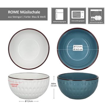 MamboCat Müslischale 6x Rome blau & weiß Müslischalen 550ml Salat Bowl Dessert-Schüssel, Steingut
