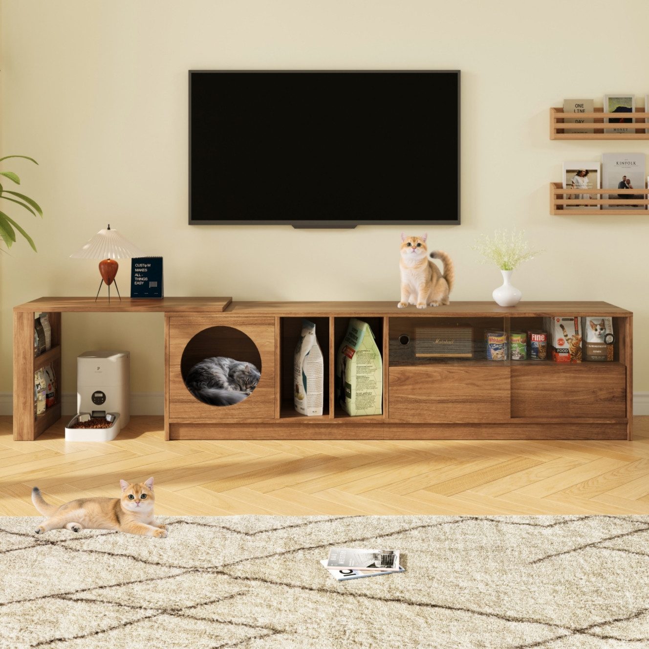 Celya Lowboard Moderner drehbarer Fernsehschrank, mehrzweckig und ausziehbar (ohne Katzenkissen, Nussbaumfarben, 180(80)×40×50 cm), haustiertierfreundlich, stahlverstärkten Glastüren, Katzenruheraum