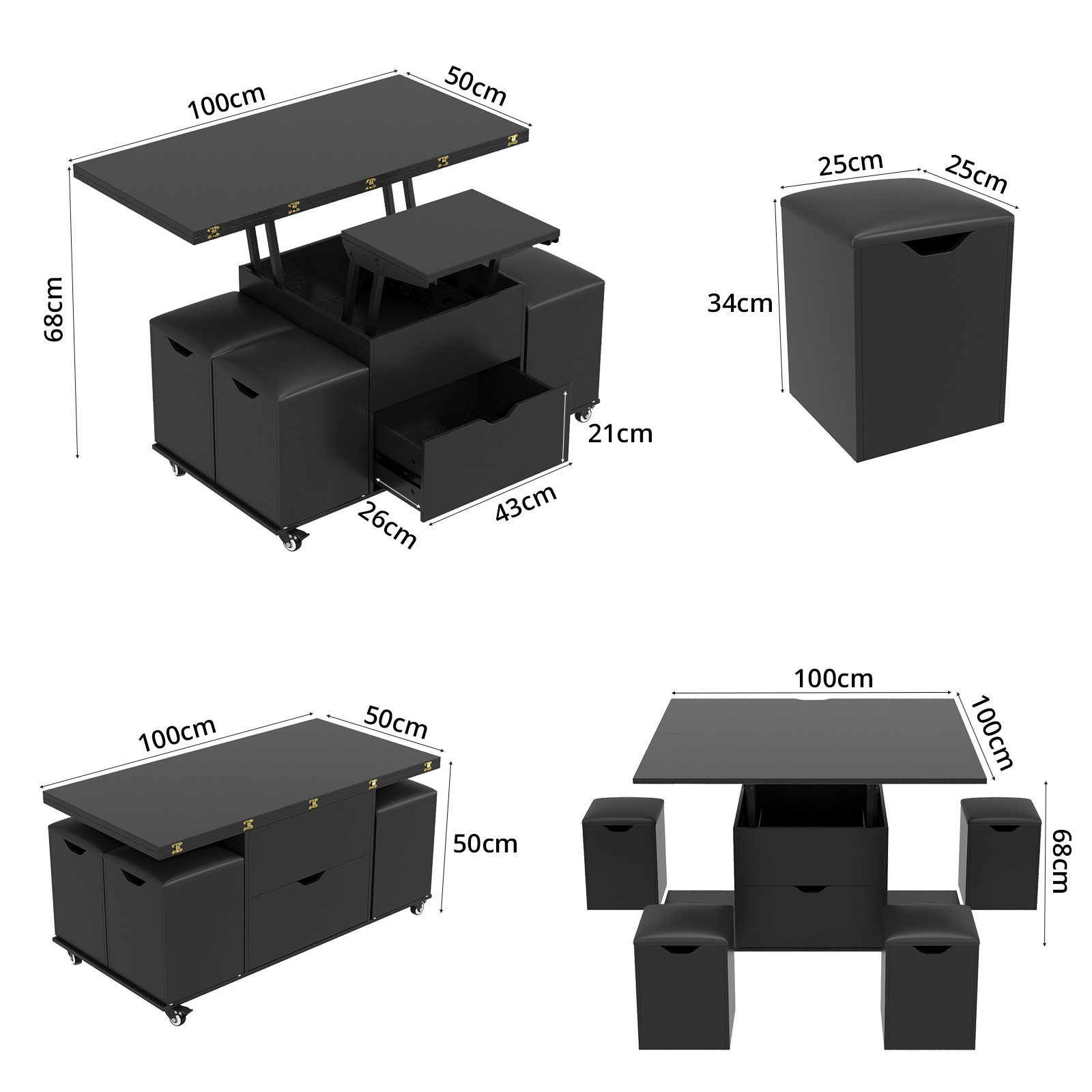 VOWNER Couchtisch 3-in-1-Multifunktions-Couchtisch mit Schublade & 4 Hocker günstig online kaufen