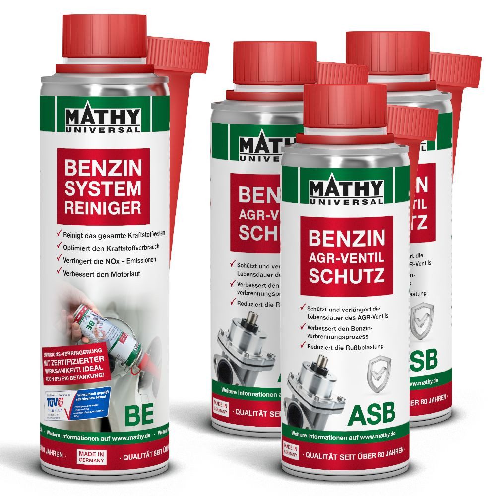 MATHY Benzin-Stabilisator MATHY Benzin-AGR-Schutz-Kur, 0,85 l, (Spar-Set, 4-St., 1 x 250 ml MATHY-BE + 3 x 200 ml MATHY-ASB) Pflege + Schutz des AGR-Ventils