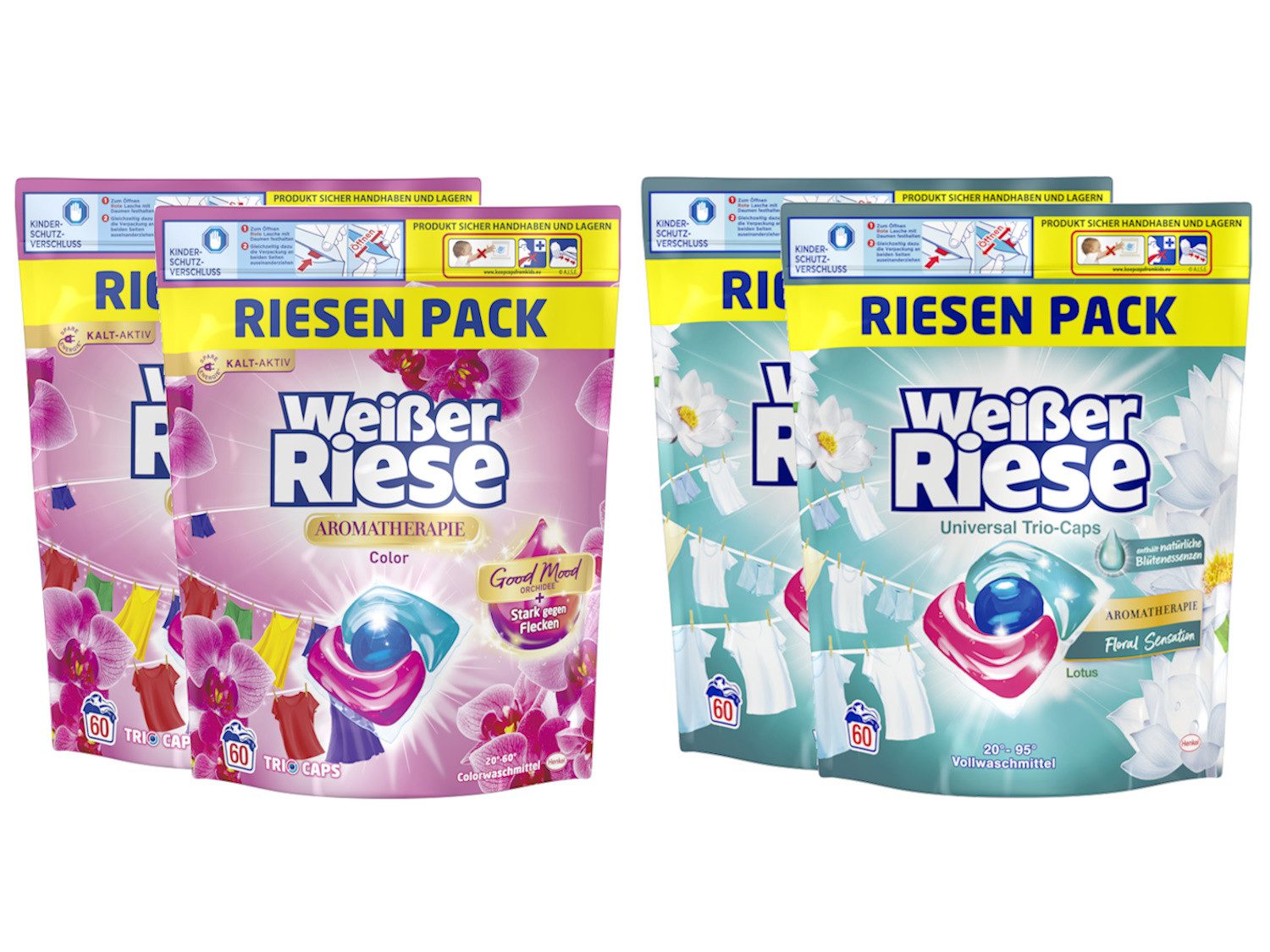 Weißer Riese Aromatherapie Trio Caps Universal Lotus & Color Orchidee 4 x 60 WL Colorwaschmittel (XXL-Vorratspack, [240-St. Kapseln für bunte & helle Wäsche)
