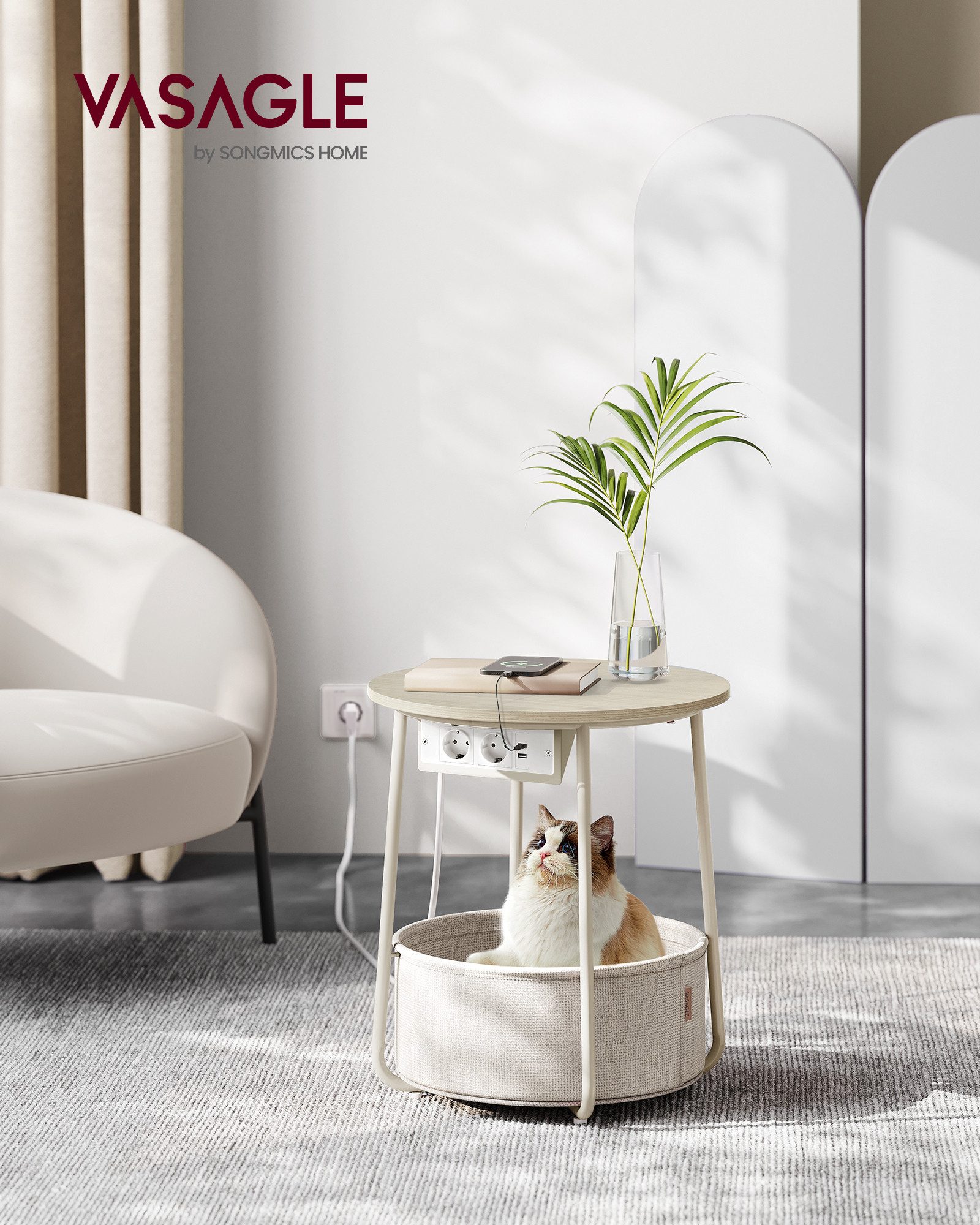 VASAGLE Beistelltisch, rund, mit Steckdose, USB-Anschlüsse, mit Korb aus St günstig online kaufen