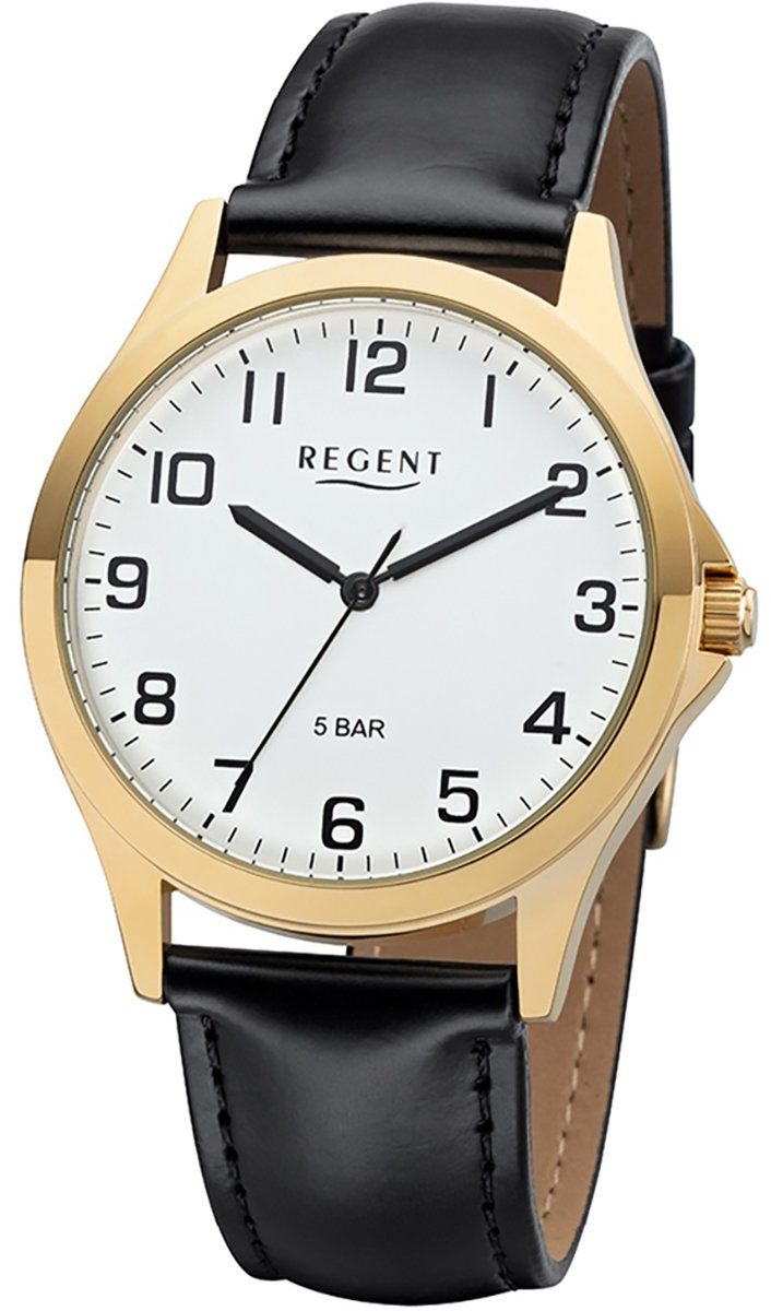 Regent (ca. rund, 39mm), Leder Lederarmband Herren Regent Herren Quarzuhr mittel 1103482 Armbanduhr Quarz, Uhr