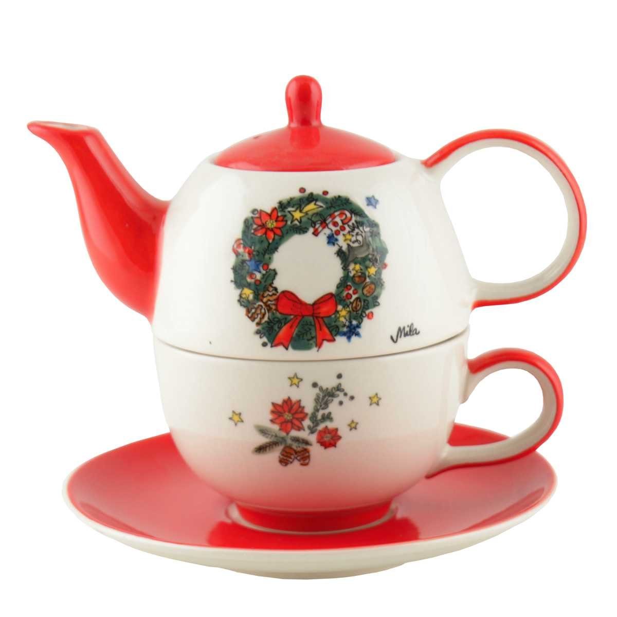 Mila Teekanne Mila Keramik Tee-Set Motiv Weihnachtskranz, 0.4 l, (Set)