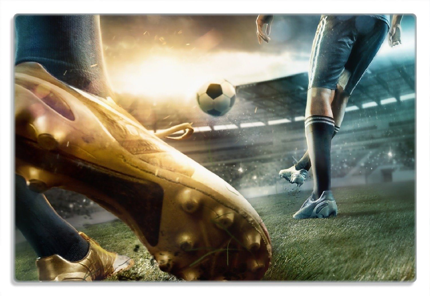 Wallario Frühstücksbrett Fußball Goldschuh auf dem Feld, (inkl. rutschfester Gummifüße 4mm, 1-St), 20x30cm