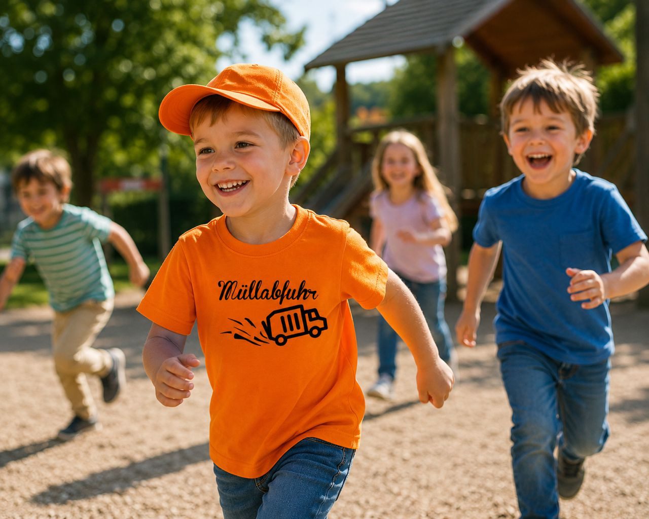 coole-fun-t-shirts Kostüm Kinder Müllabfuhr Set Orange Jungen + Mädchen 2-teilig Kostüm, T-Shirt + Basecap Kinder Kostüm 2 Teile Jungen