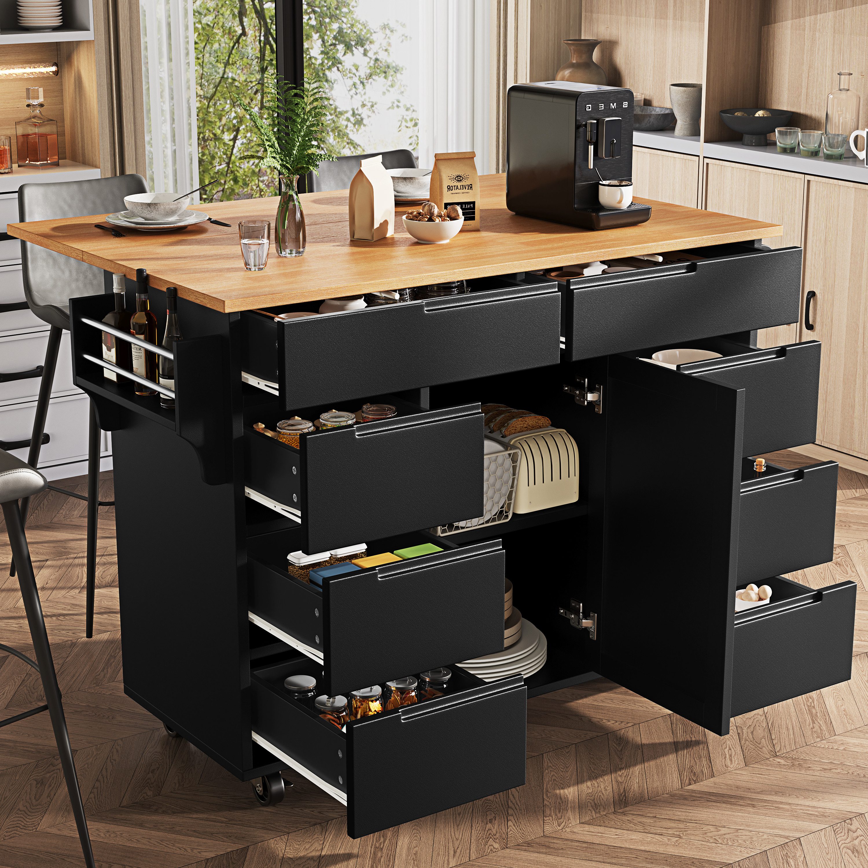 i@home Kücheninsel Moderne Kücheninsel mit Ausziehbarer Tischplatte, (mobile Küchenwagen mit 8 Schubladen, Rollen und Gewürzregal), 122x46x91.5 cm, ideal für Küche & Esszimmer