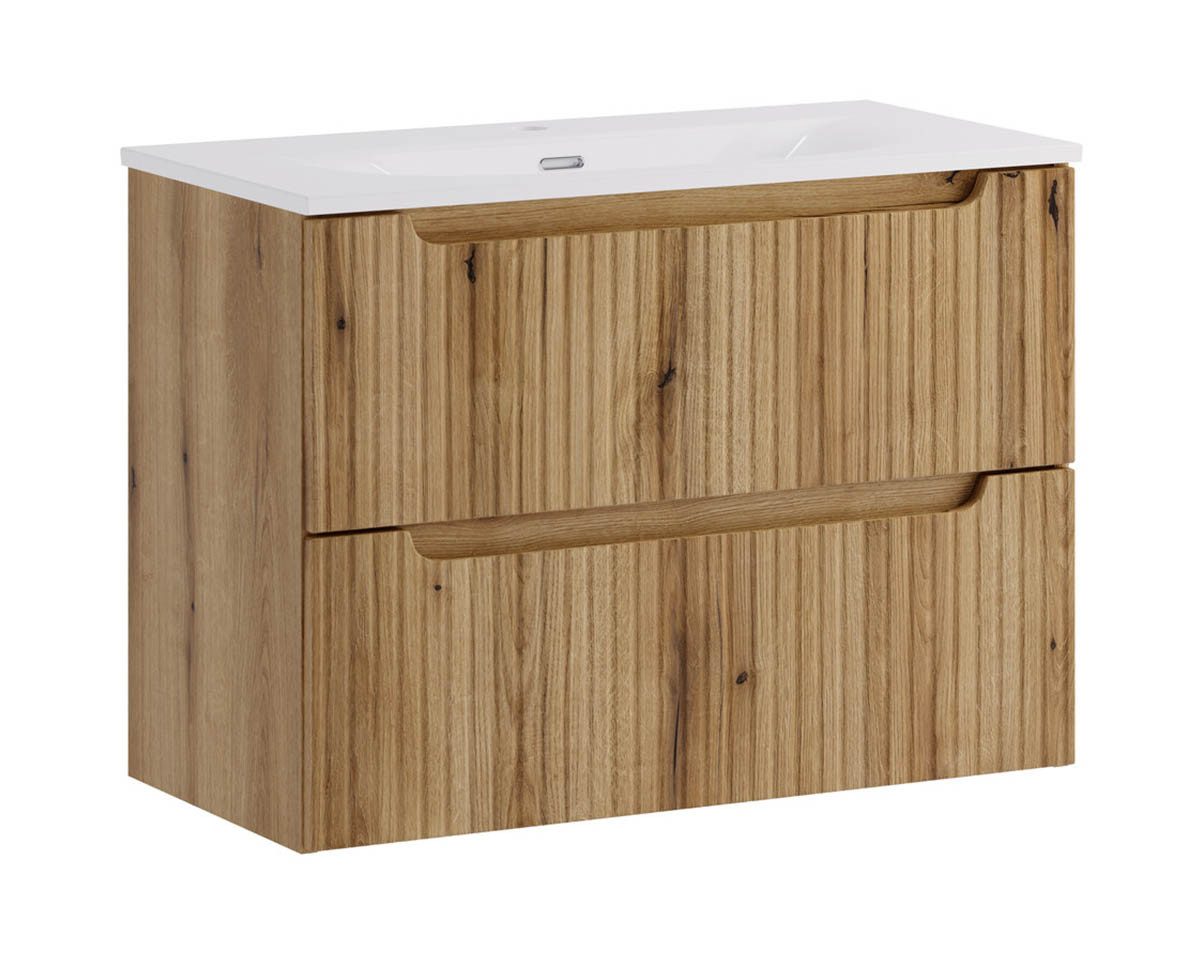einfachgutemoebel Waschtisch-Set ILUNA Coast Waschplatz 80cm Eiche mit Keramik Einbaubecken, (Badmöbel Set, 1-St., Waschtisch Unterschrank)