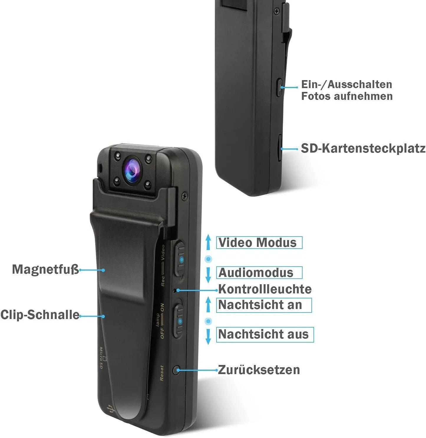 SpionProfi Überwachungskamera Full HD Mini Kamera BodyCam Tragbare Video Überwachungskamera (Innenbereich, Außenbereich, 1-tlg., Mini versteckte Kamera Video Tragbare Bodycam Auto Haus Überwachung)