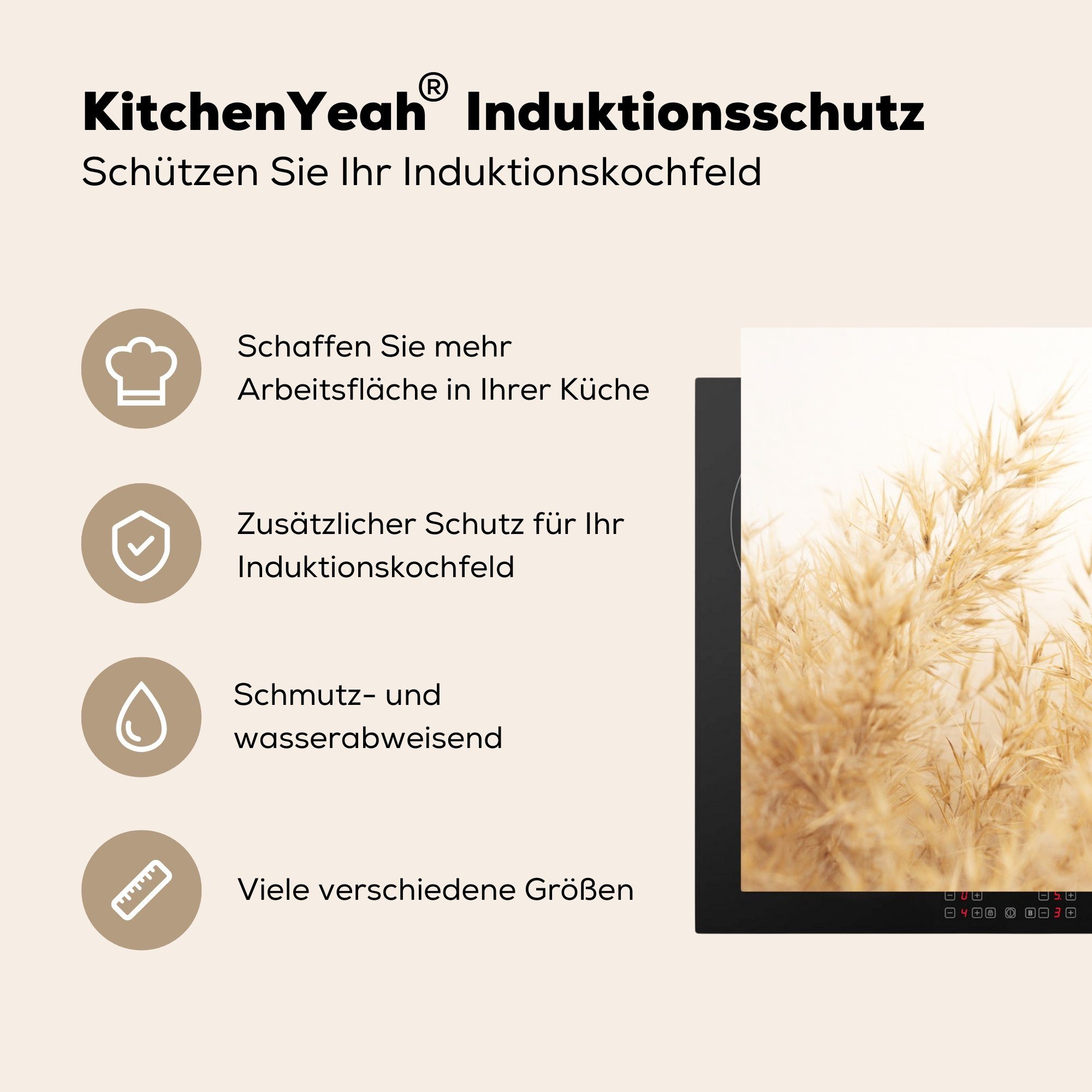 MuchoWow Herdblende-/Abdeckplatte - Vinyl, für Ceranfeldabdeckung (1 küche, Weizen - 81x52 Induktionskochfeld Sonne, cm, tlg), Schutz Natur die