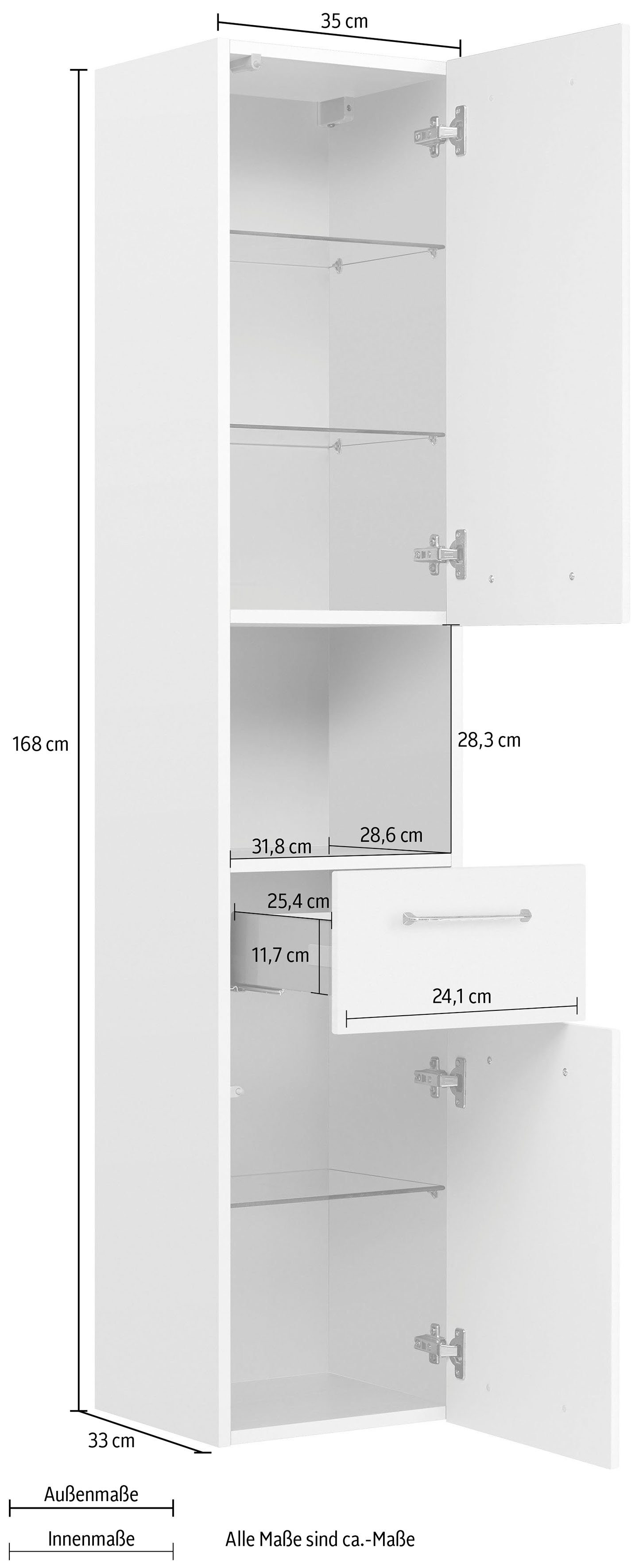 Türdämpfer Hochglanz cm, Weiß Höhe 168 cm, 35 Quickset | Weiß Glanz/Weiß Glanz Hochschrank PELIPAL Glaseinlegeböden, Breite