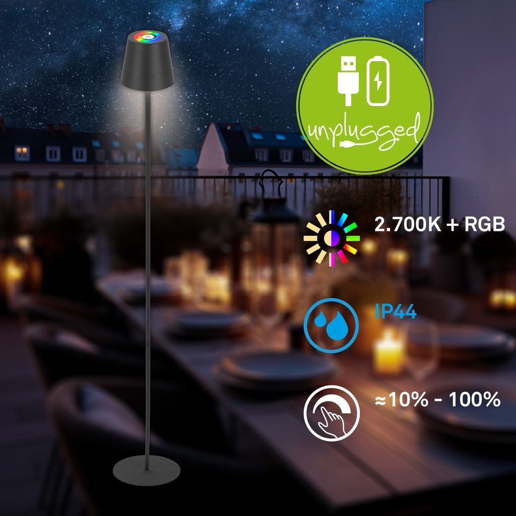 Briloner Leuchten Stehlampe Stehleuchte Outdoor Akku Touch dimmbar Kabellos 1507015, LED fest integriert, 2700K - Extra-Warmweiß, Stehleuchte 133x20,8 cm Anthrazit 6W Wohnzimmer Outdoor Schlafzimmer