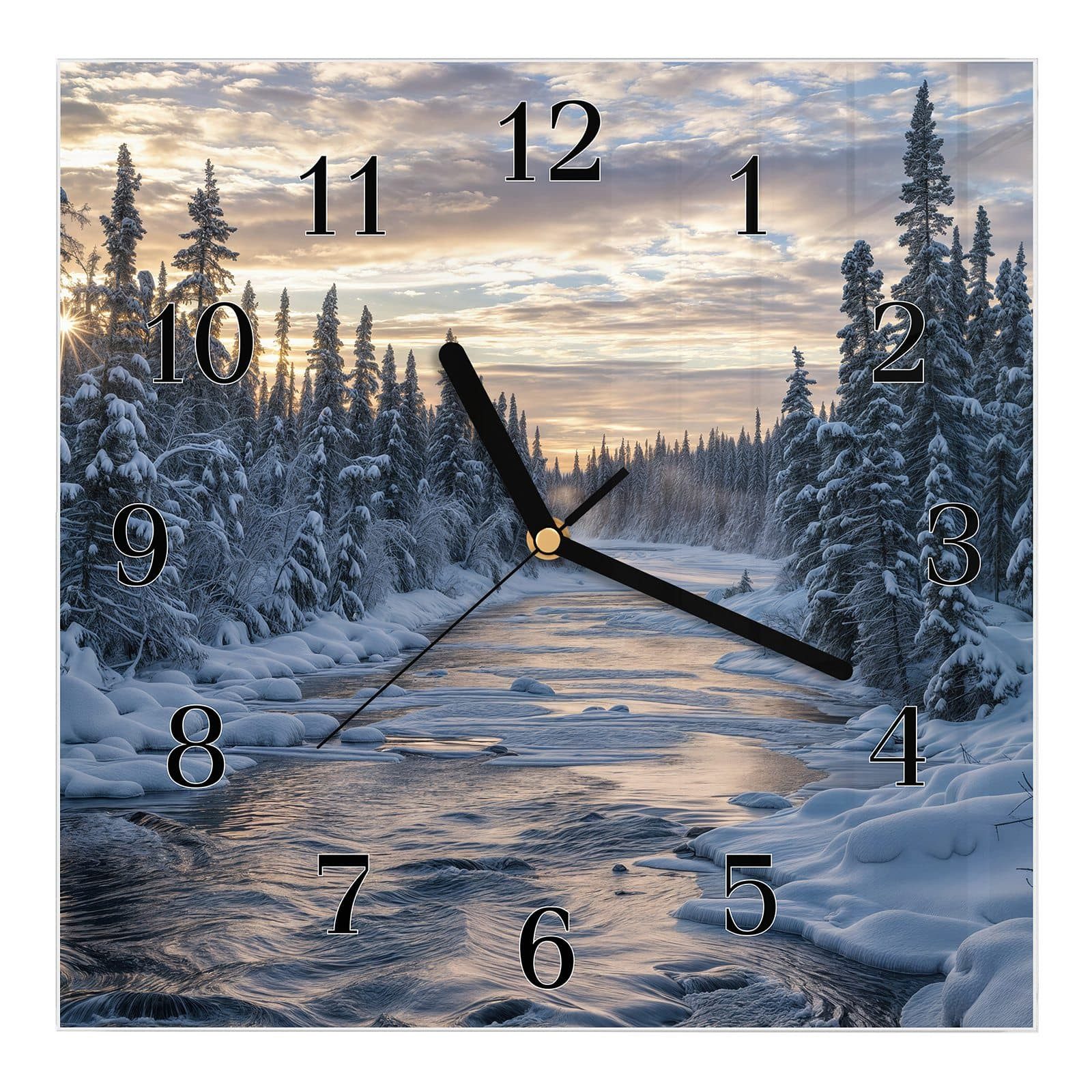 Wanduhr Glasuhr Wanduhr Wandkunst Größe 30 x 30 cm mit Motiv Winterflusswald