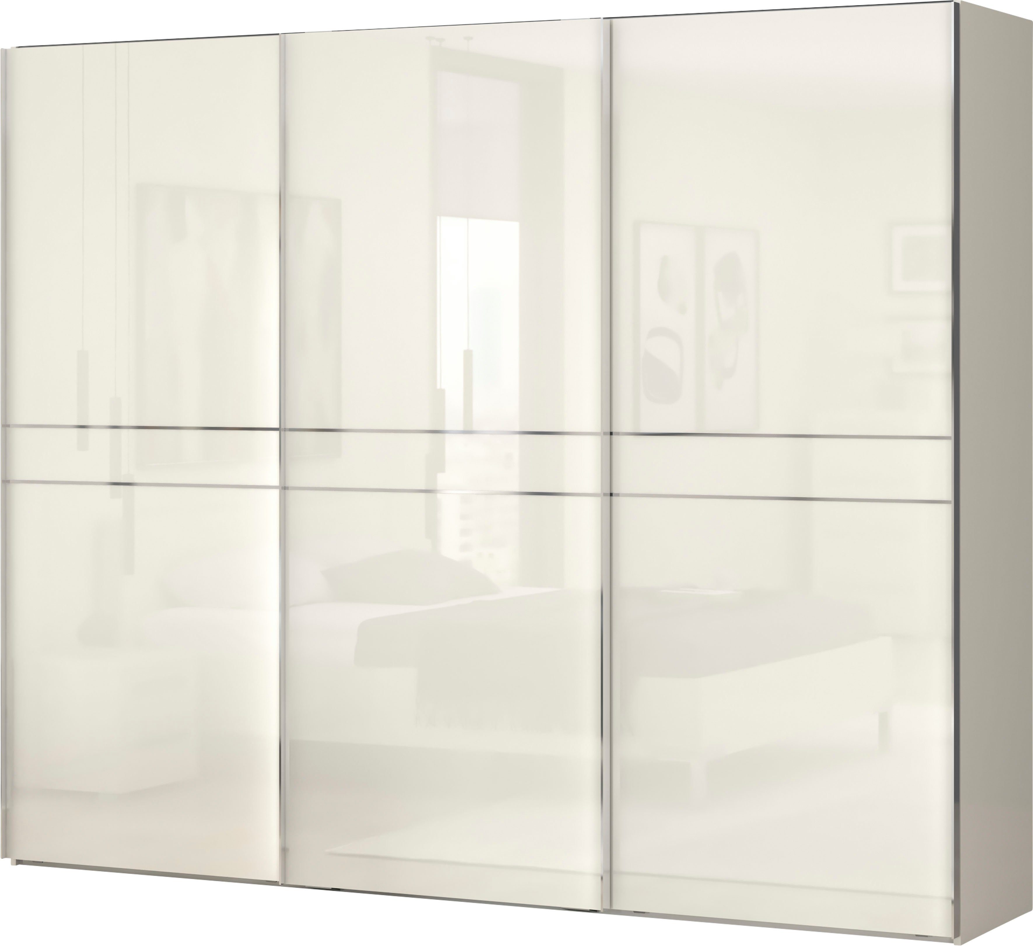 OTTO home Schwebetürenschrank Piano, FSC-zertifiziert, mit Einlegeböden und Kleiderstangen (in 3 Breiten, 224cm hoch, mit verchromten Aufleistungen) UV lackiert, hochglänzend, mit Soft-Close Funktion, in beige oder weiß