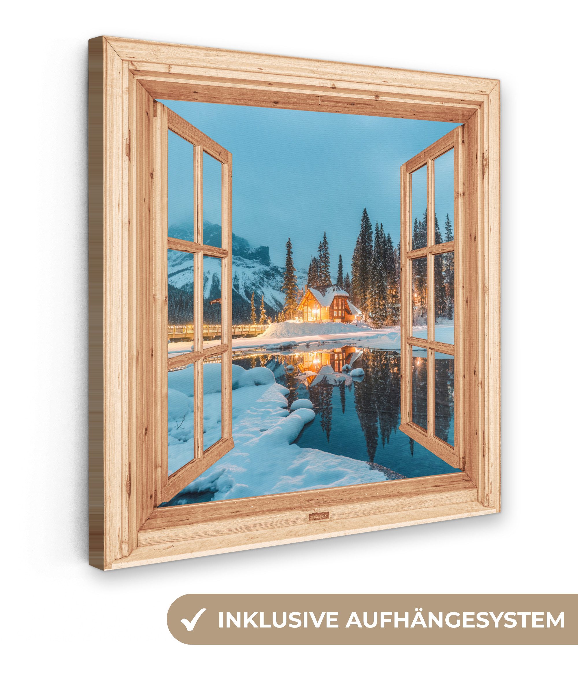 OneMillionCanvasses® Leinwandbild Winterlandschaft - Natur - Haus - Berge - Aussicht - Fenster, Fotodruck (1 St), Wandbild, Deko Schlafzimmer Wohnzimmer Flur 20x20 cm