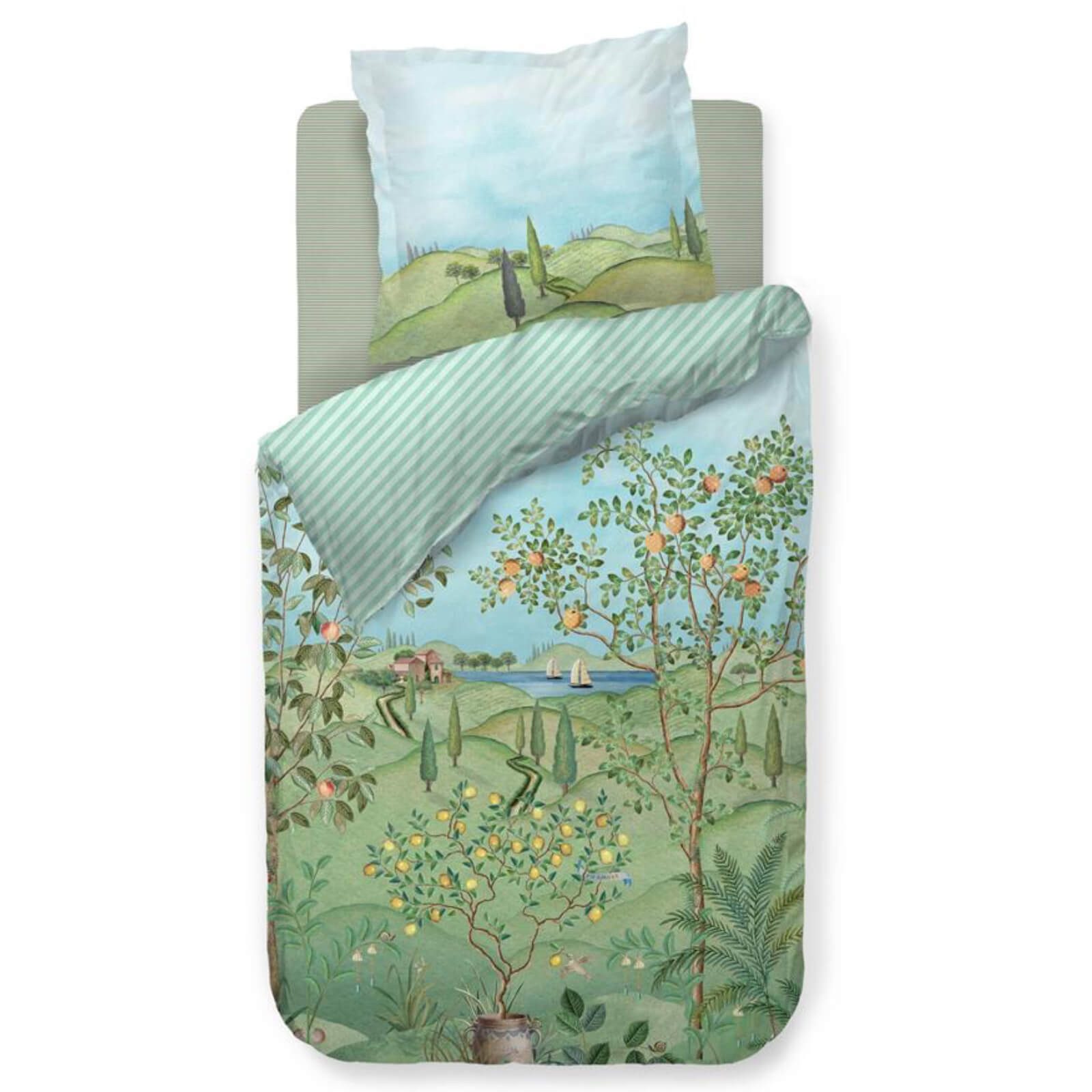 PiP Studio Bettwäsche La Campagna Grün, Perkal, 3 teilig, Obstbäumchen, Zypressen, See, Mediterran