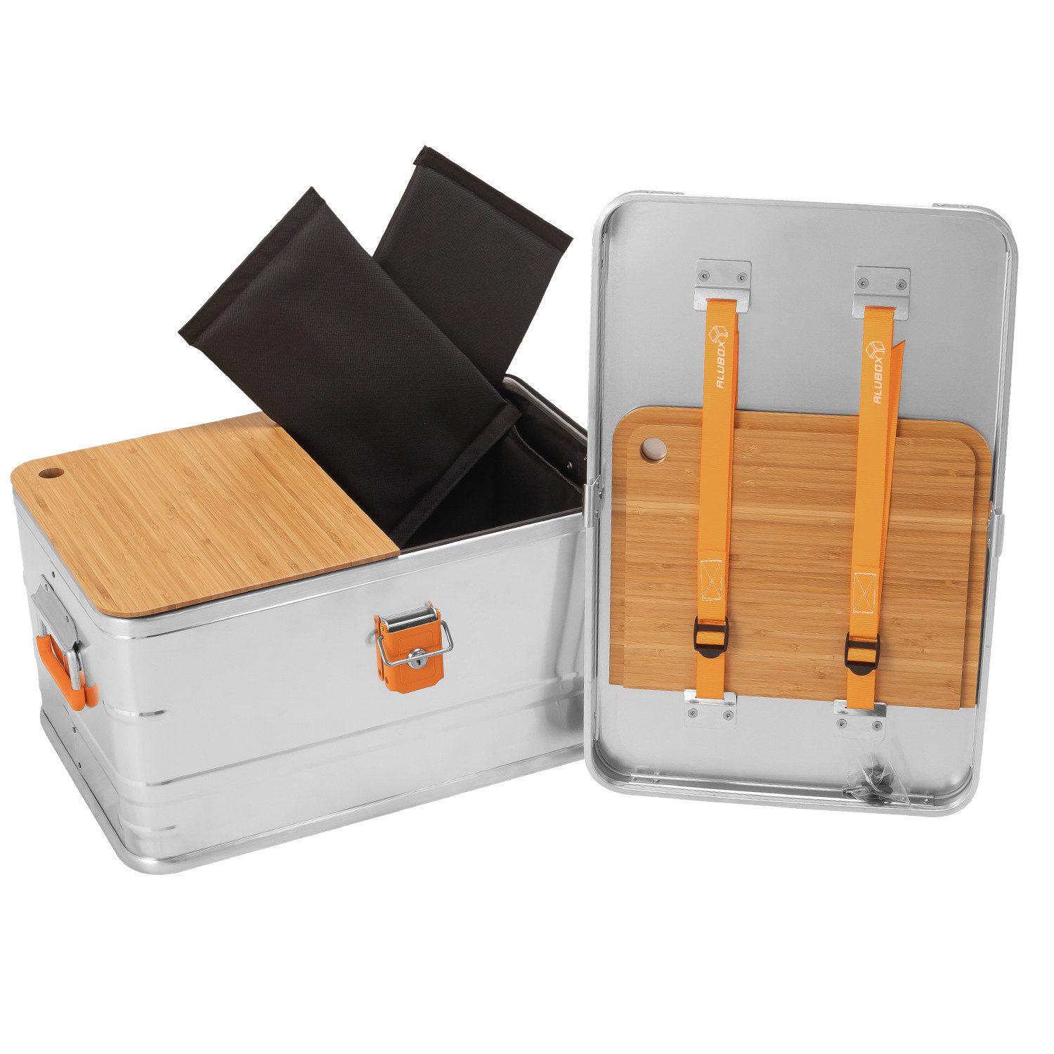 ALUBOX Aufbewahrungsbox Campingküche Campingbox mit Stapelecken (47 Liter), inklusive 2 Schneidbretter