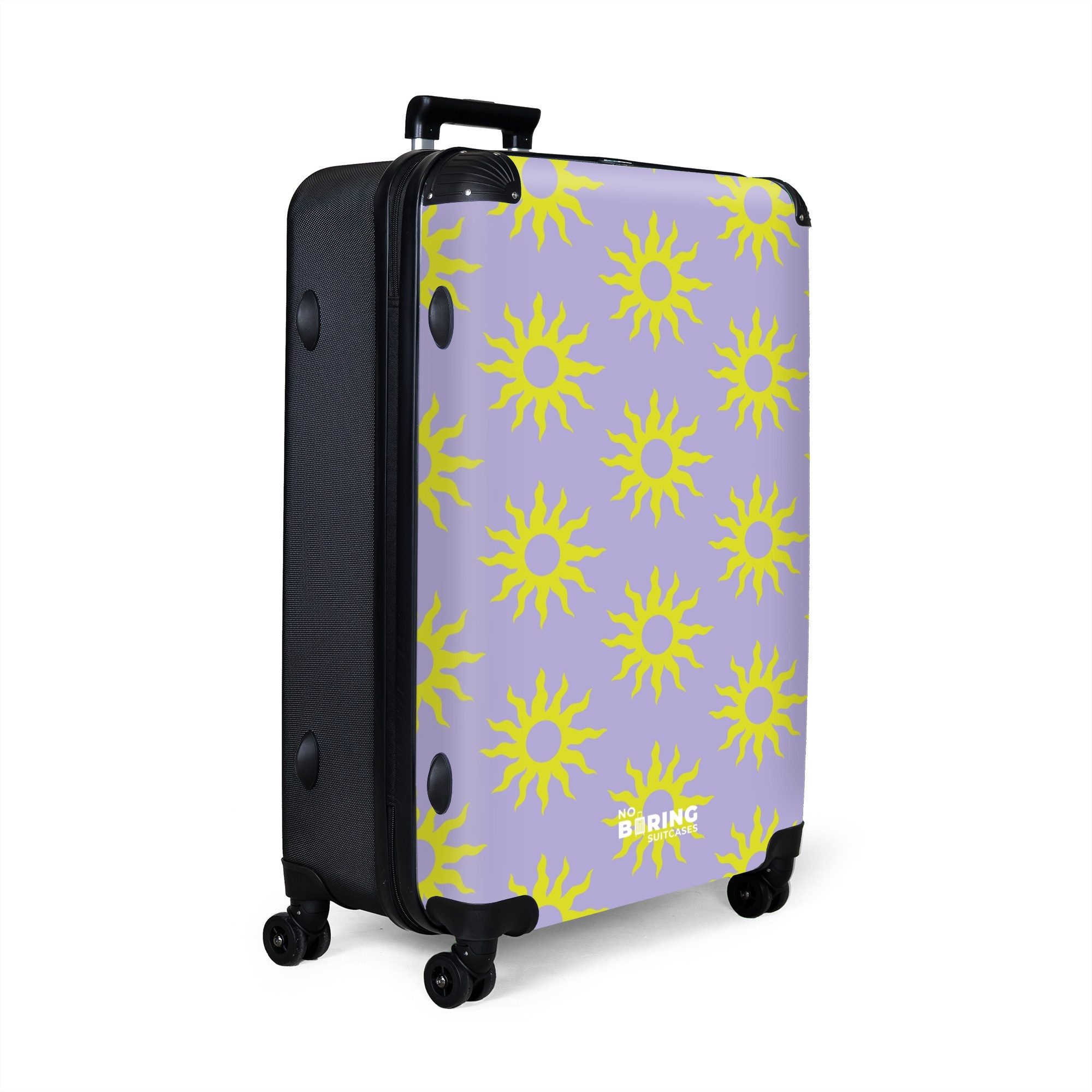 NoBoringSuitcases.com© Hartschalen-Trolley Lila mit gelben Sonnen günstig online kaufen