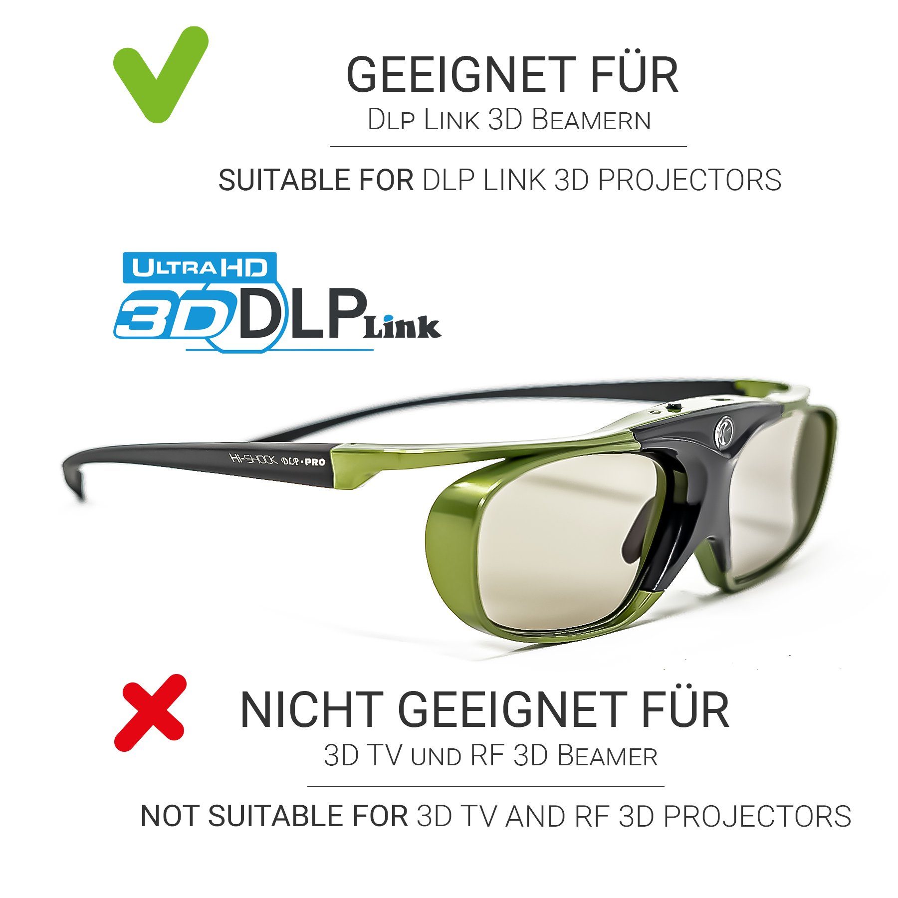 Kinder Teens (Gr. 128 - 182) Hi-SHOCK 3D-Brille Lime Heaven, DLP Link 3D Aktive Brille für 3D DLP Beamer von Acer, BenQ, Optoma,
