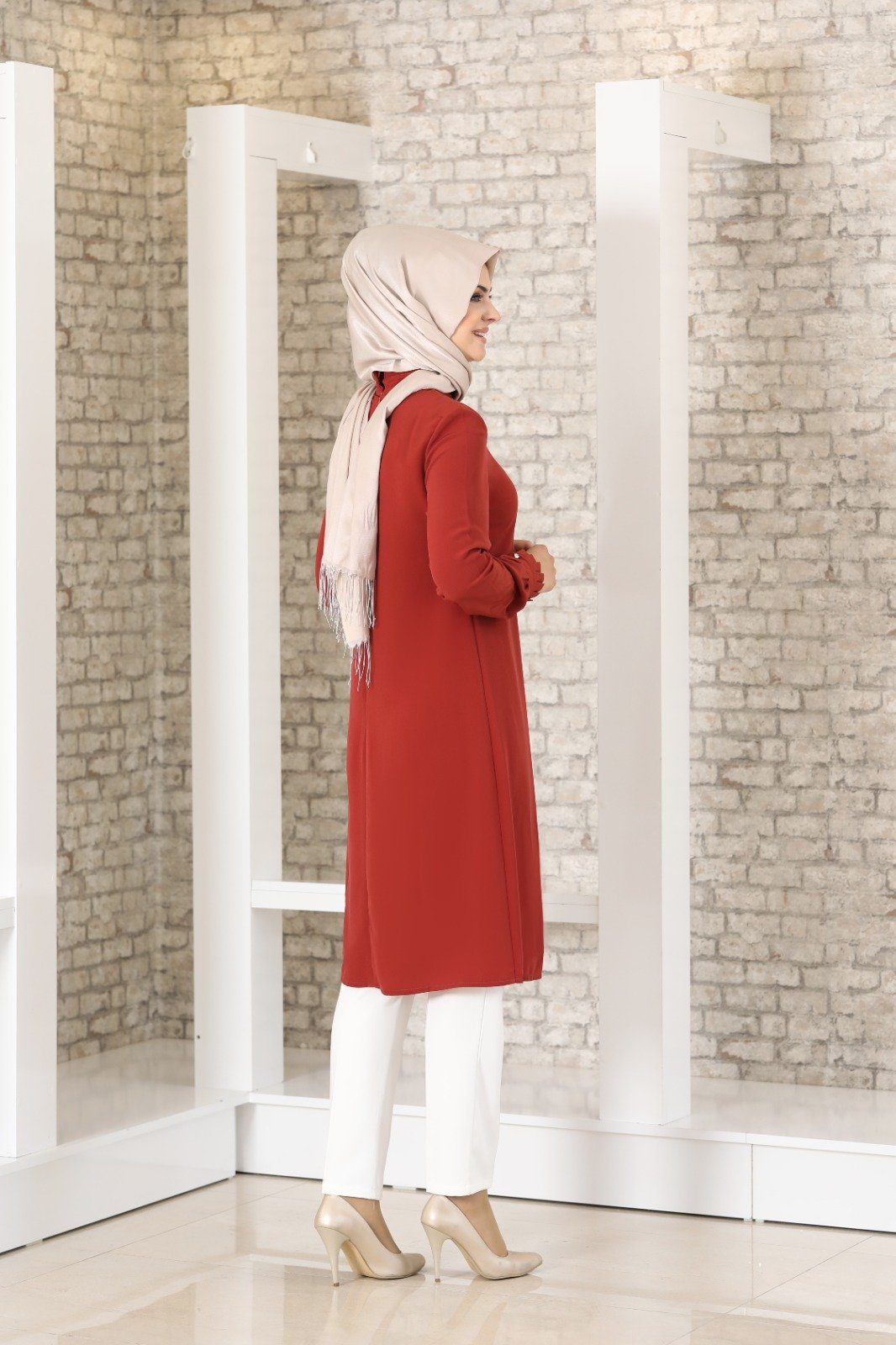 Modavitrini Longtunika Damen Tunika gerippte Kragen Hijab Tunika Modest Ziegelsteinrot Fashion mit lange Tunika