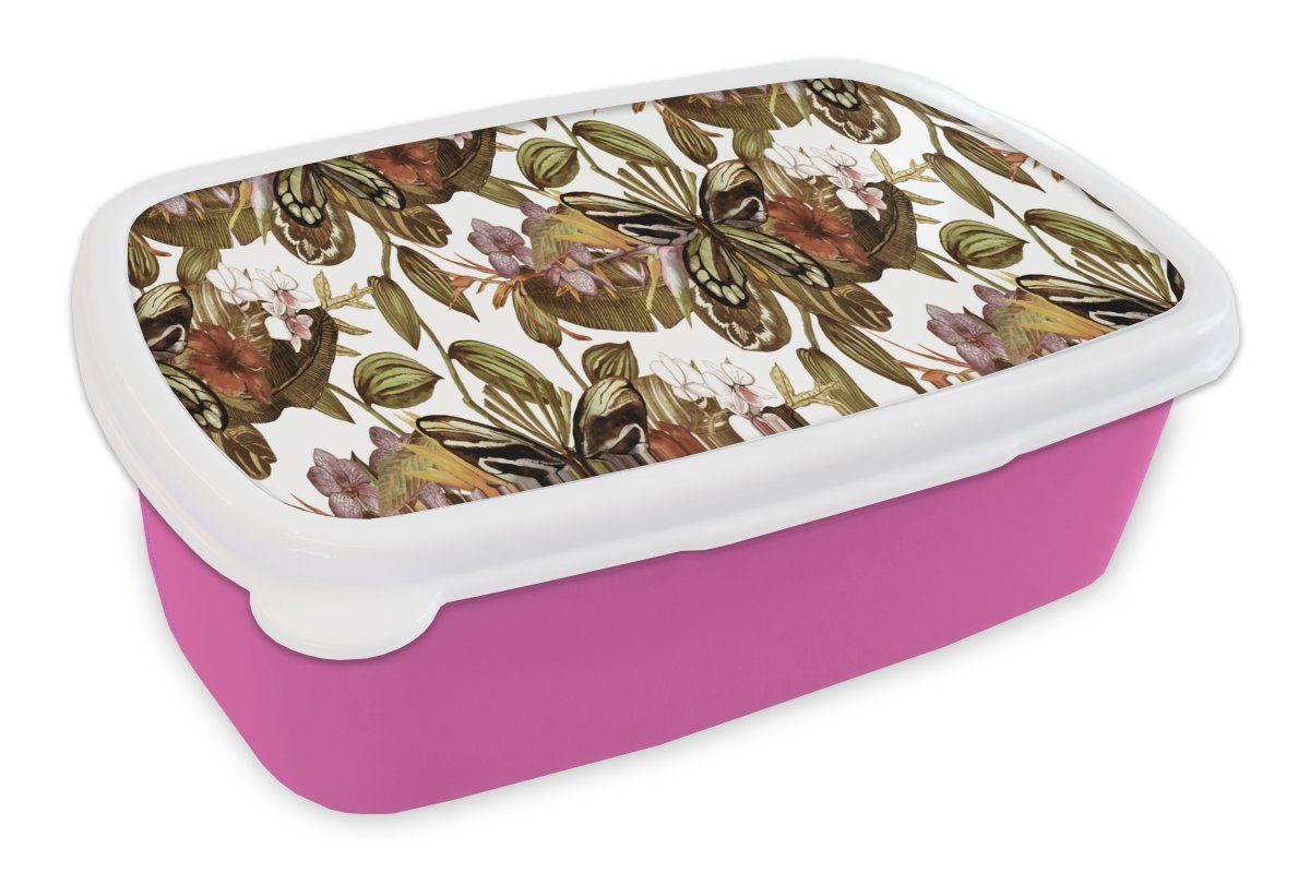 Schmetterling Vintage Brotdose Lunchbox Kinder, Kunststoff, Kunststoff - - rosa Blumen MuchoWow für Erwachsene, Brotbox Snackbox, Mädchen, (2-tlg), Muster, -