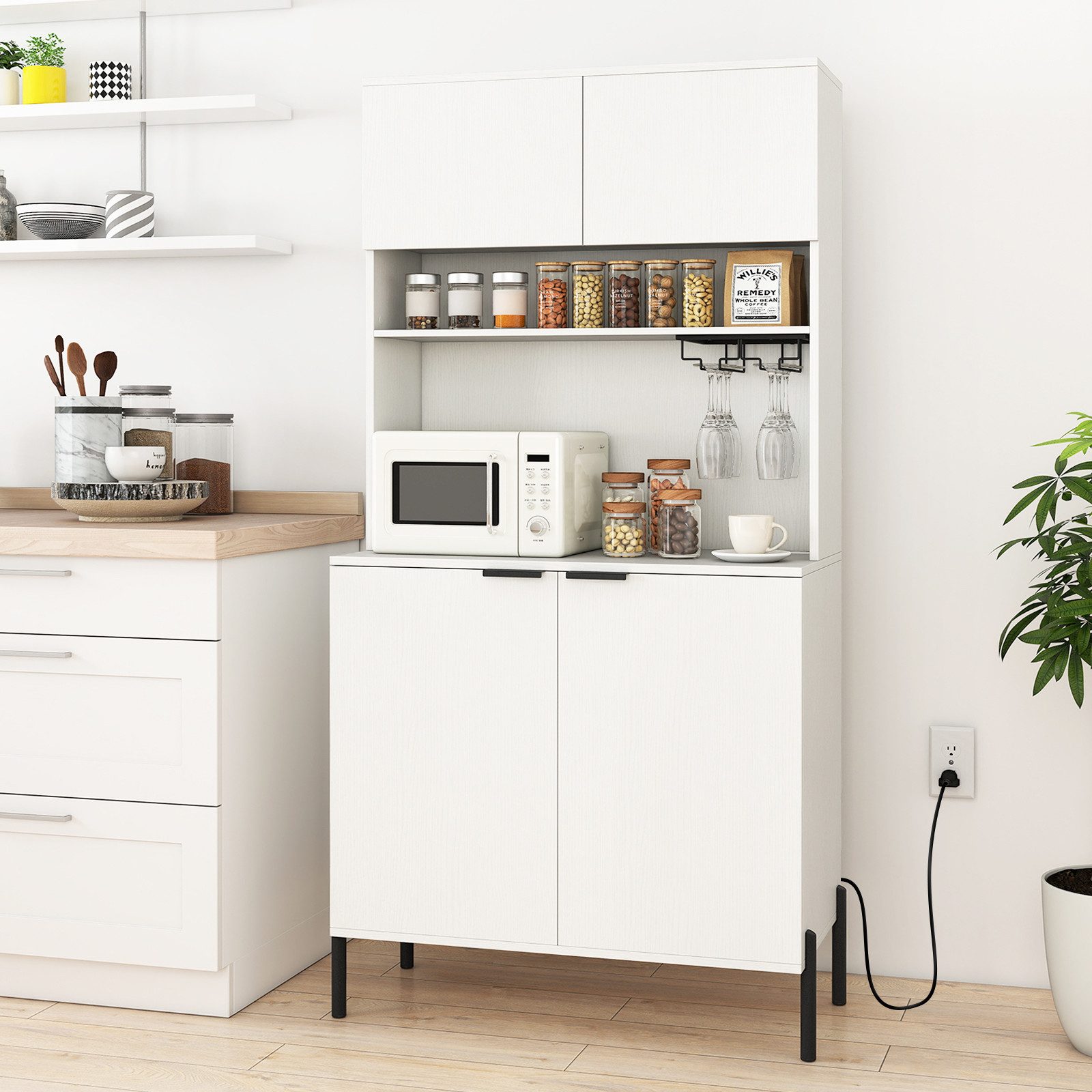 COSTWAY Küchenbuffet mit Arbeitsplatte, Ladestation Vorratsschrank Holz mit Türen