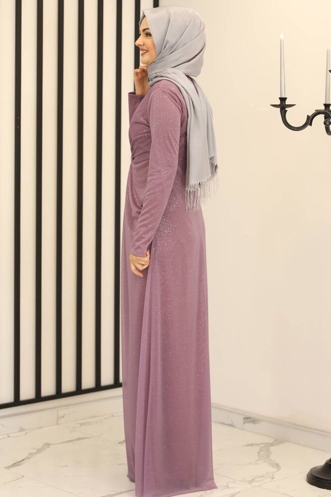 Modavitrini Abendkleid Damen Maxikleid Abiye Abaya Hijab Kleid Modest Fashion (AYLA) silbriger glänzender Stoff