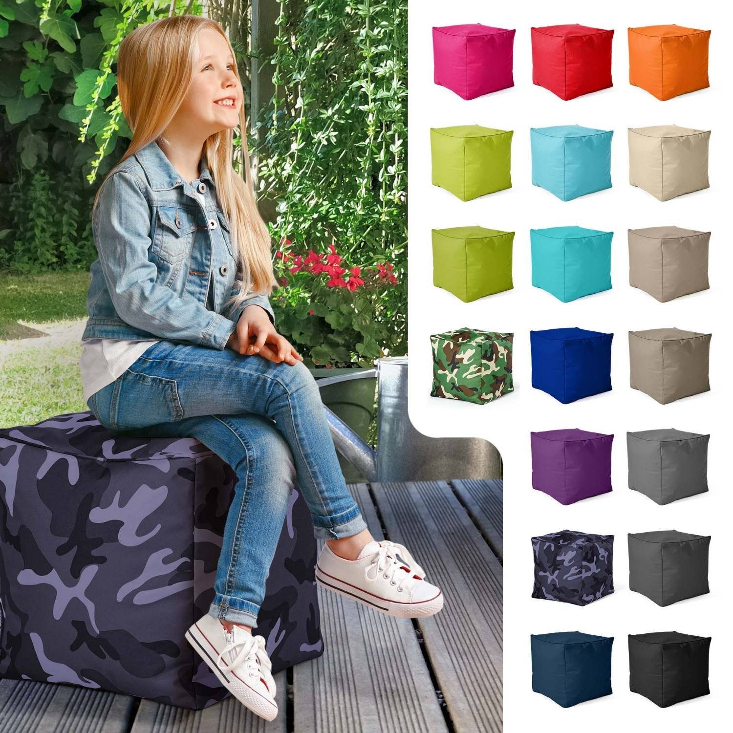 Green Bean Sitzsack Cube (Hocker Fußkissen und Sitzkissen Erwachsene - Fußhocker Bodenkissen EPS-Perlen Sitzsäcke), für Sitz-Pouf Sitzhocker mit Füllung, für Blau 40x40x40cm Camouflage Kinder