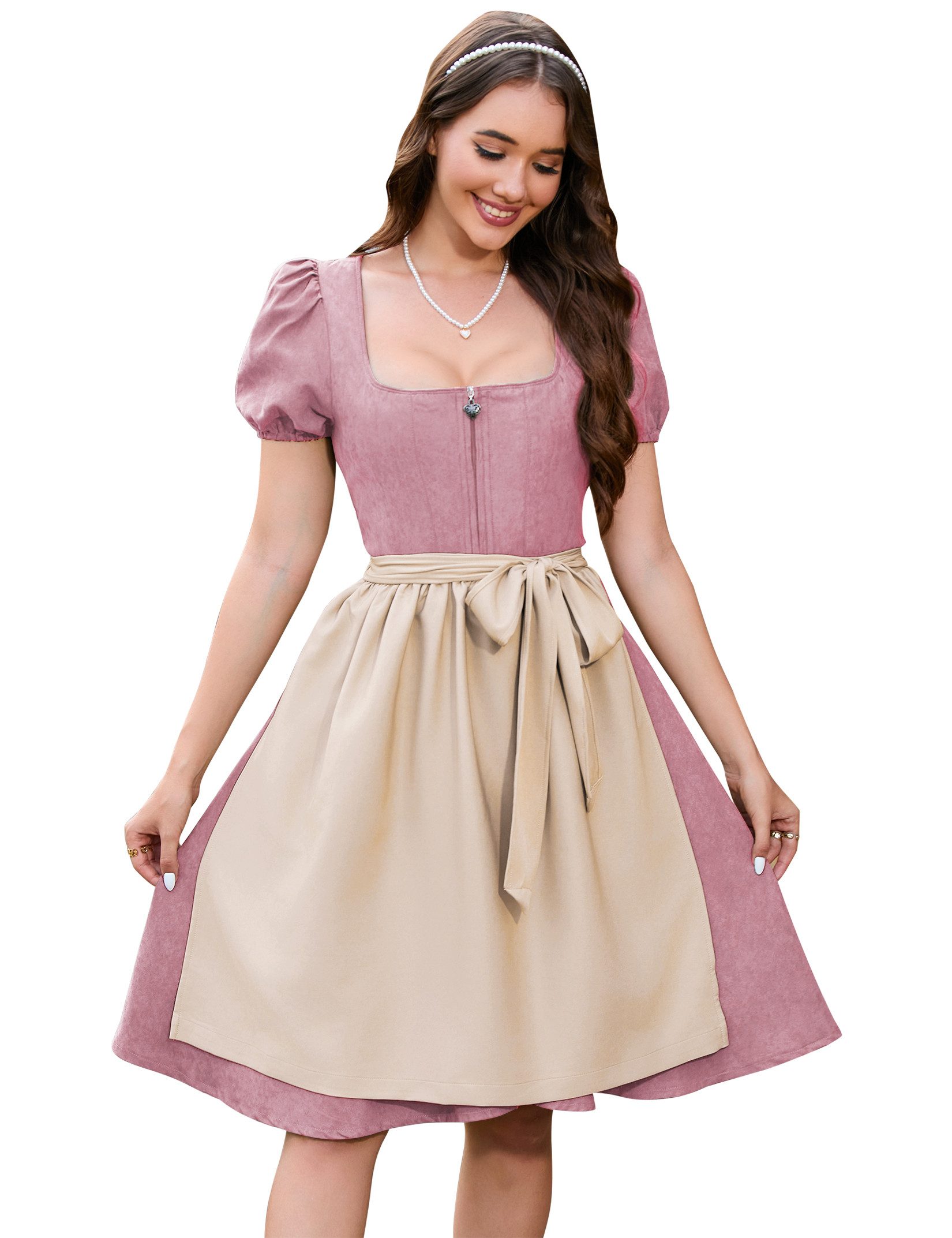 MODISFRAU Dirndl Dirndl Damen 2‑tlg. TrachtenKleid mit Schürze Puffärmel