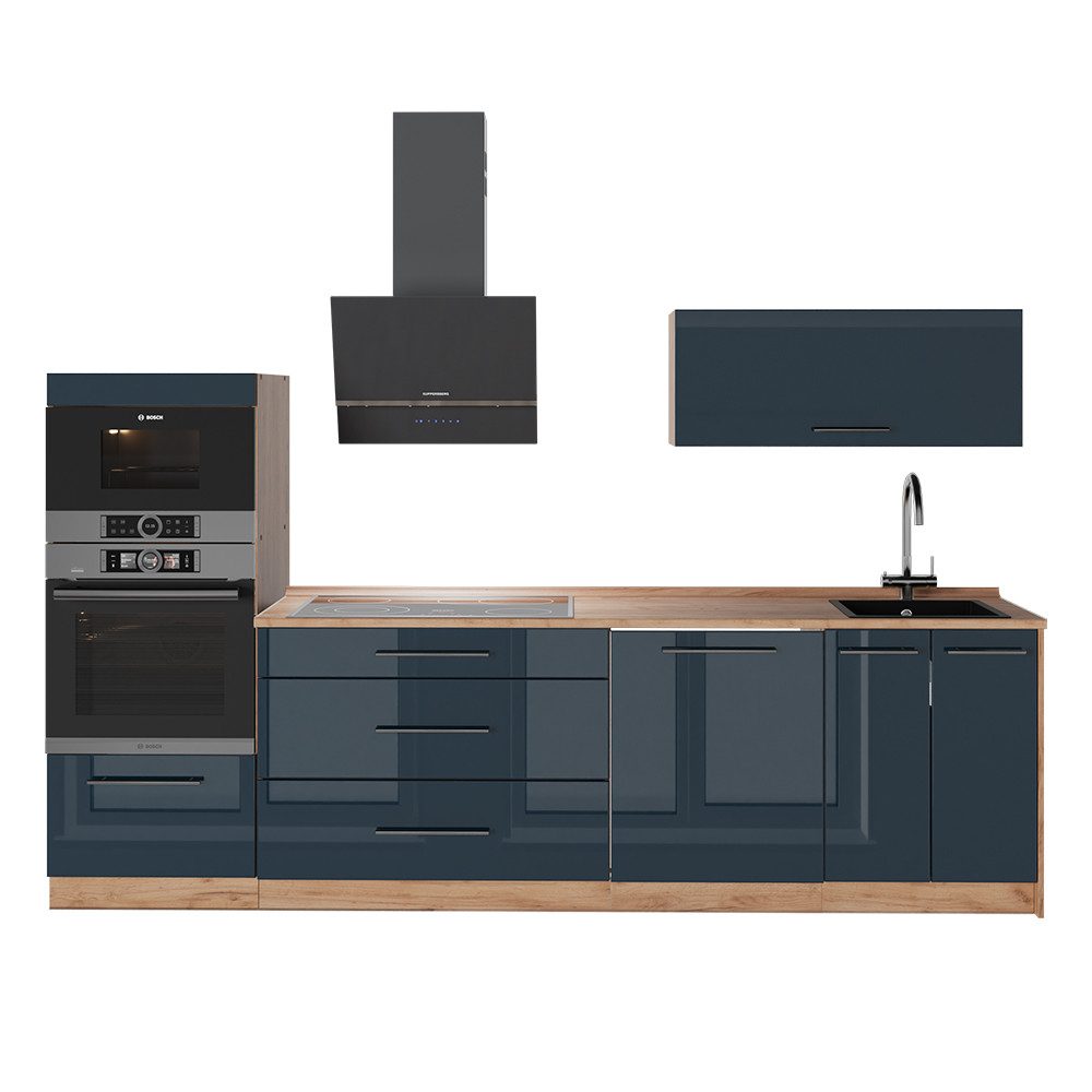 Vicco Küchenzeile Fame-Line, Dunkelblau Hochglanz/Goldkraft Eiche, 280 cm, AP Eiche
