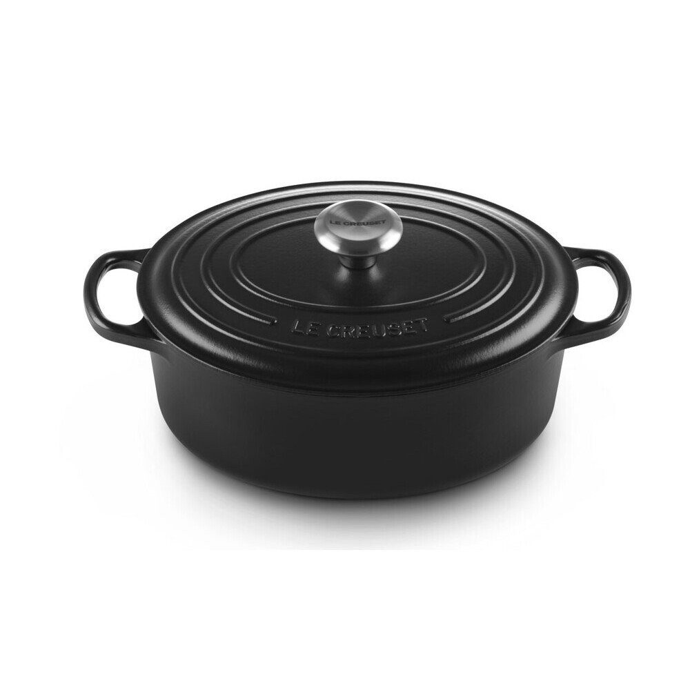 LE CREUSET Bräter Bräter mit Deckel 31 cm Signature Schwarz, Emailliertes Gusseisen, ovaler Schmortopf, Cocotte, Bratentopf, ca. 6-7 Pers., Ø31cm, schwarz