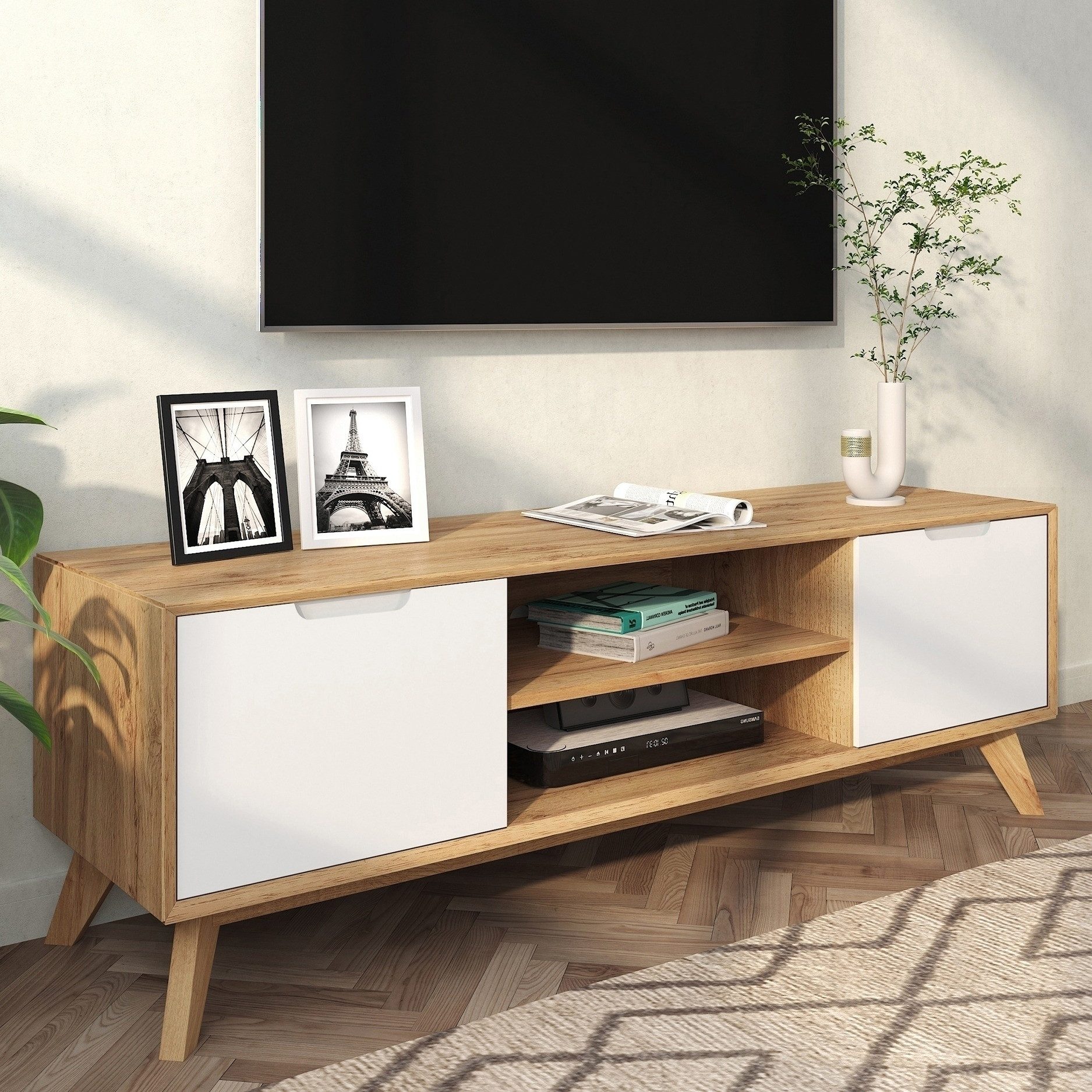 freiraum Lowboard Essen, in Weiß/Natur Spanplatte/MDF - 135x45x40cm (BxHxT)