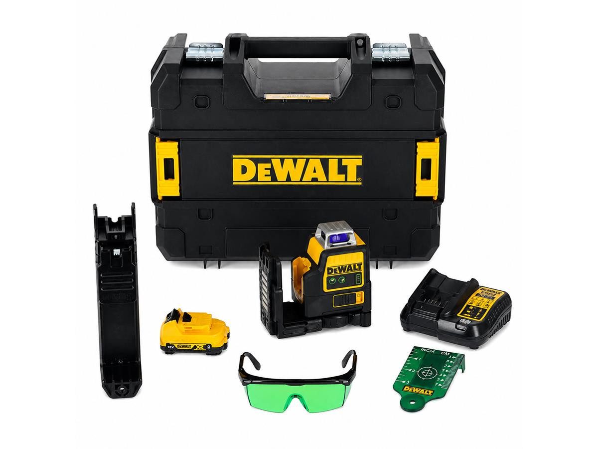 DeWalt Linienlaser 2x360Grad, gruen,10,8V/2Ah, (Set), inkl 2 Akkus, Ladegerät, Zieltafel und Lasersichtbrille, im Koffer