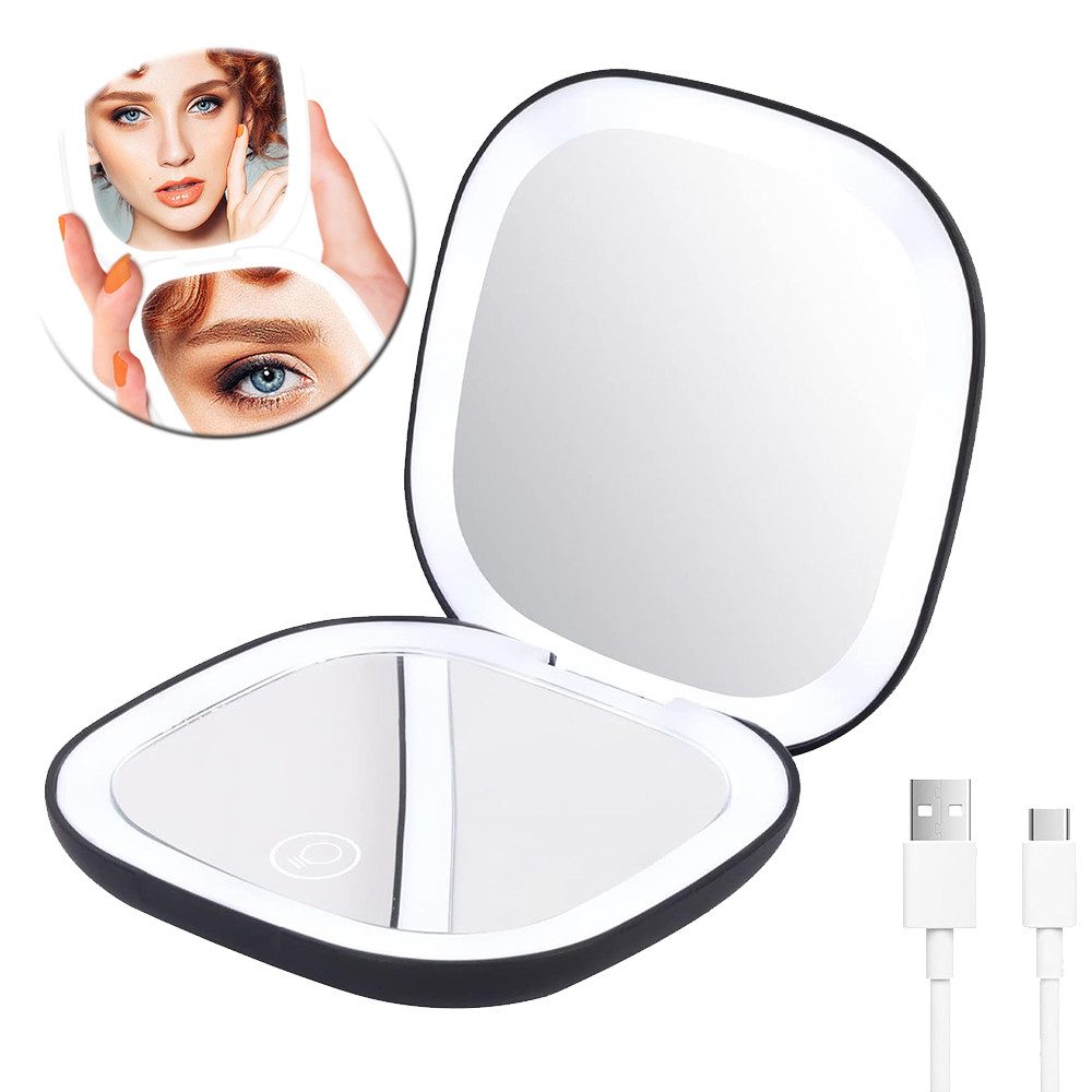 AFKSMILE Kosmetikspiegel Taschenspiegel mit Beleuchtun, Zweiseitiger Handspiegel für Makeup, Wiederaufladbarer Kleiner Reisespiegel mit Licht, 1X/10xVergrößerung