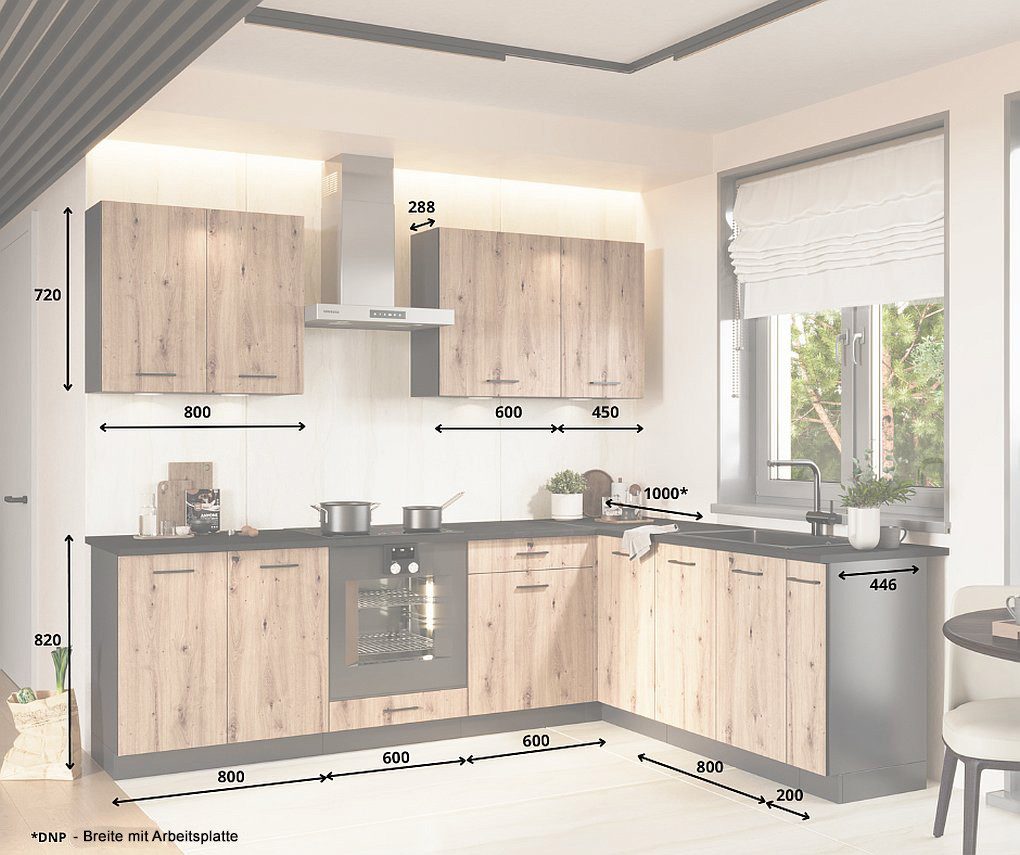 Möbel für Dich Winkelküche Eckküche in L-Form Anika 260x200 cm, 9-teilig, m günstig online kaufen