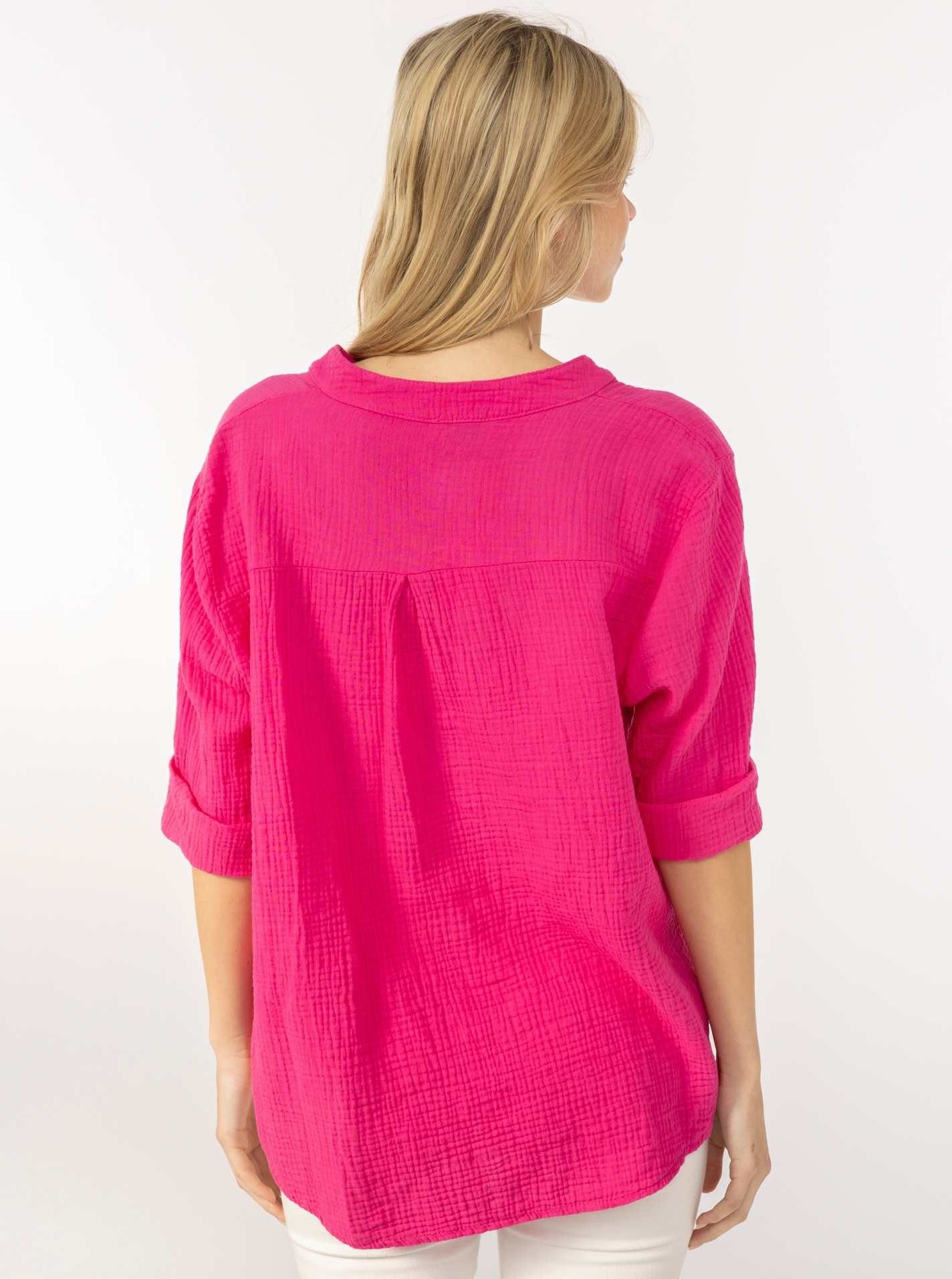 Zwillingsherz Schlupfbluse "Neon Kante" Musselin, eingefasster V-Neck in Neon, 3/4 Arm, hinten leicht länger