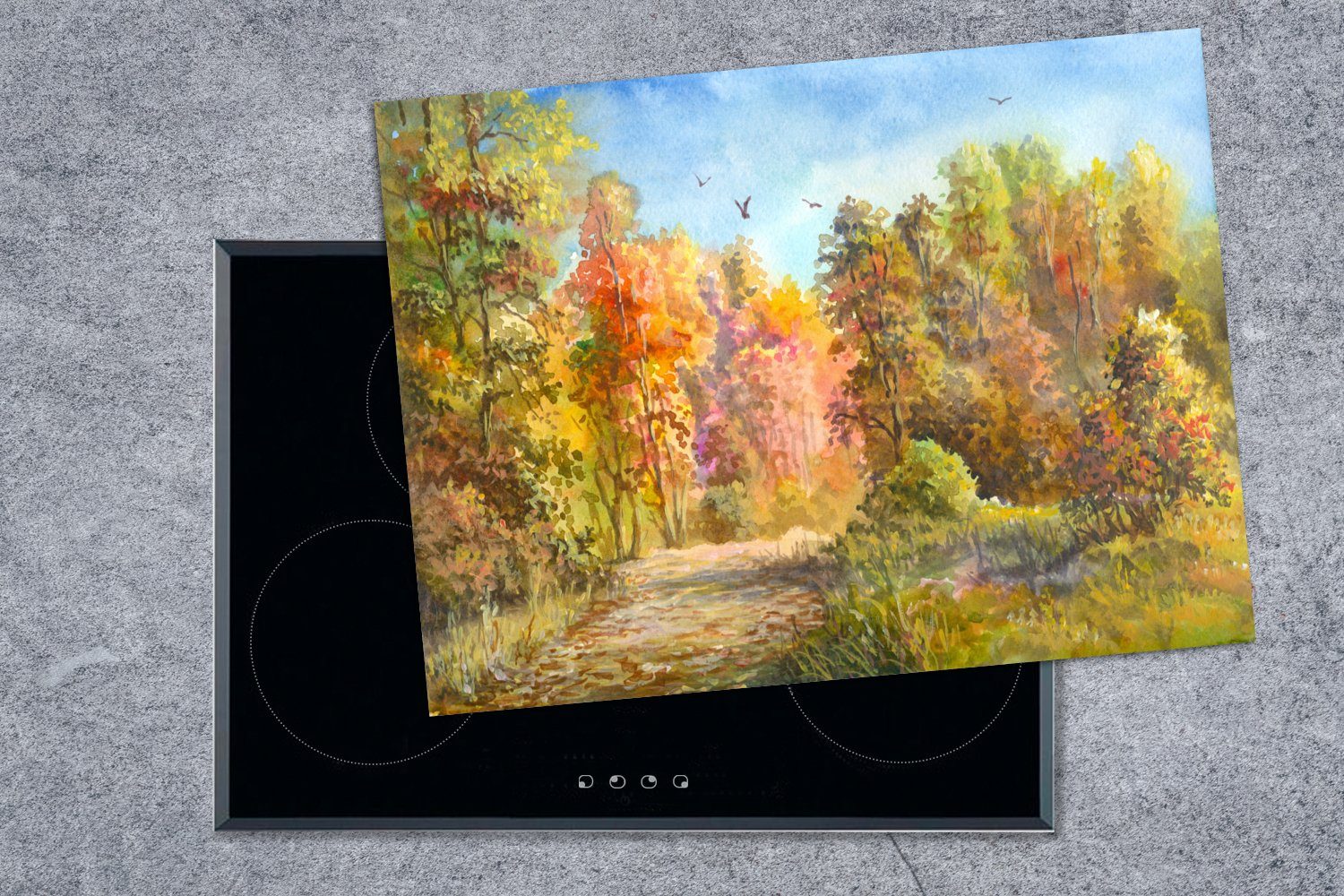 Herbst Herdblende-/Abdeckplatte MuchoWow 70x52 Arbeitsfläche Wald, nutzbar, Aquarell (1 - Vinyl, Ceranfeldabdeckung - Mobile cm, tlg),