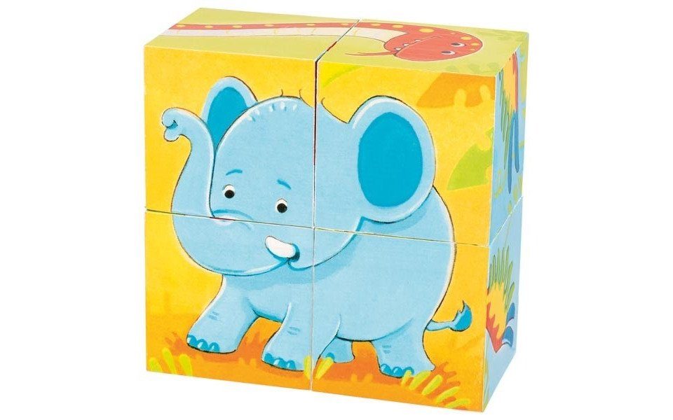 Gollnest & Kiesel Puzzle Goki 57434 - Würfelpuzzle Wilde Tiere, 4-teilig, Holz, 8x8x4cm, Puzzleteile