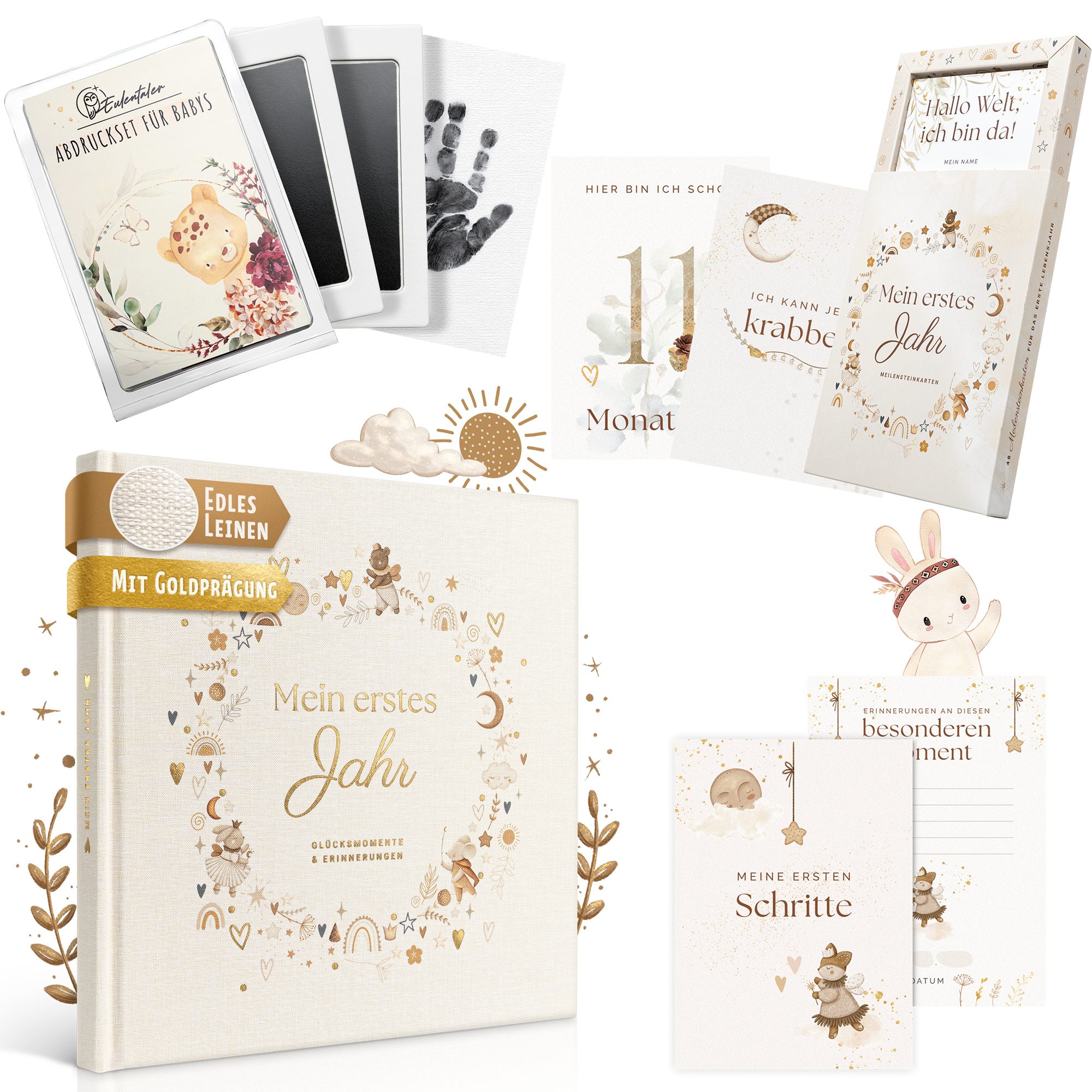 Eulentaler Tagebuch I Geburt Geschenkset 3in1 I Babyalbum, Meilensteinkarten & Abdruckset, für das erste Jahr, von Pädagogen gestaltet