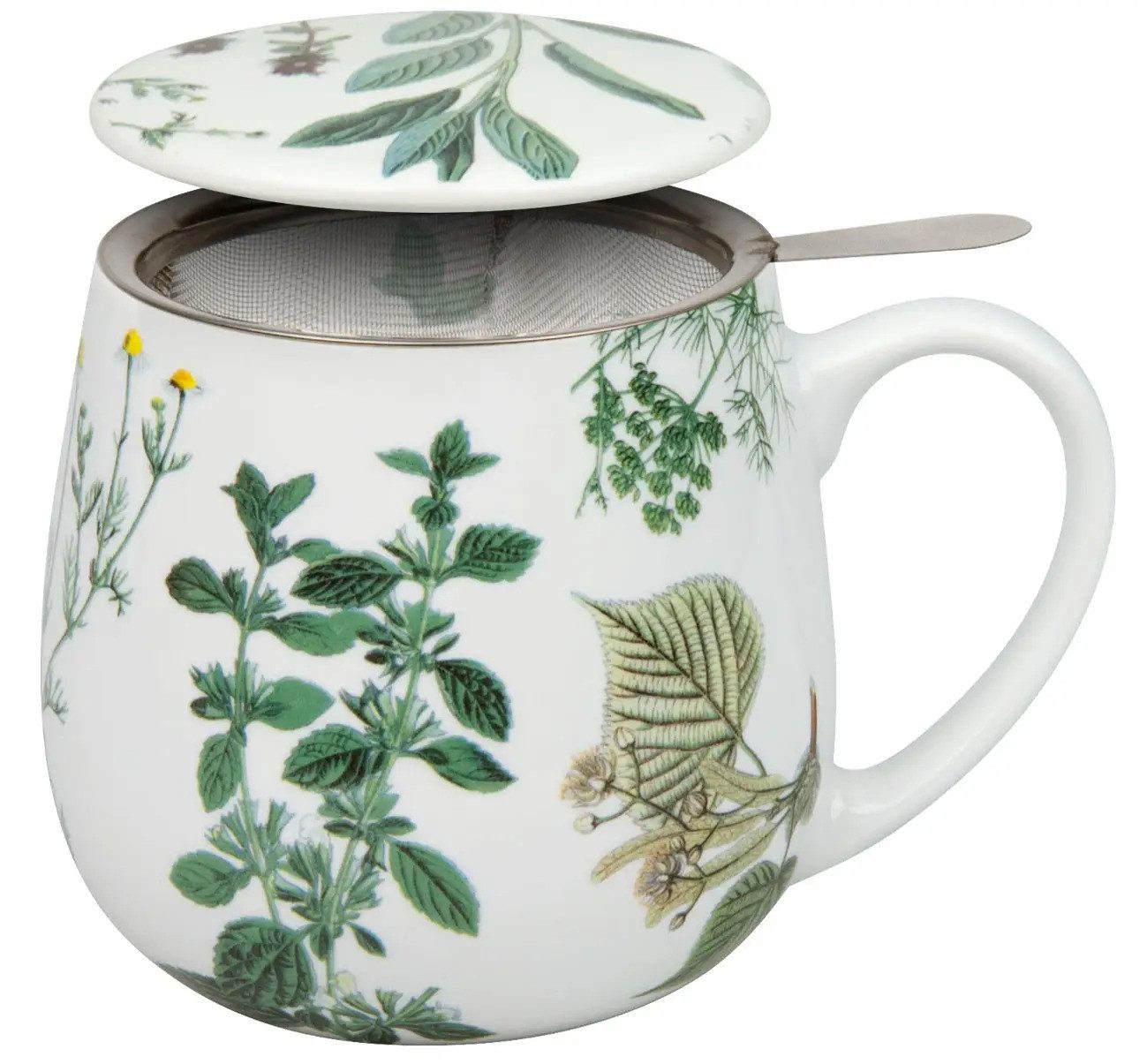 Könitz Becher Könitz Kuschelbecher Teebecher mit Teesieb "Kräuter Design" und Deckel, Mit Edelstahlsieb und Deckel, ca. 420 ml