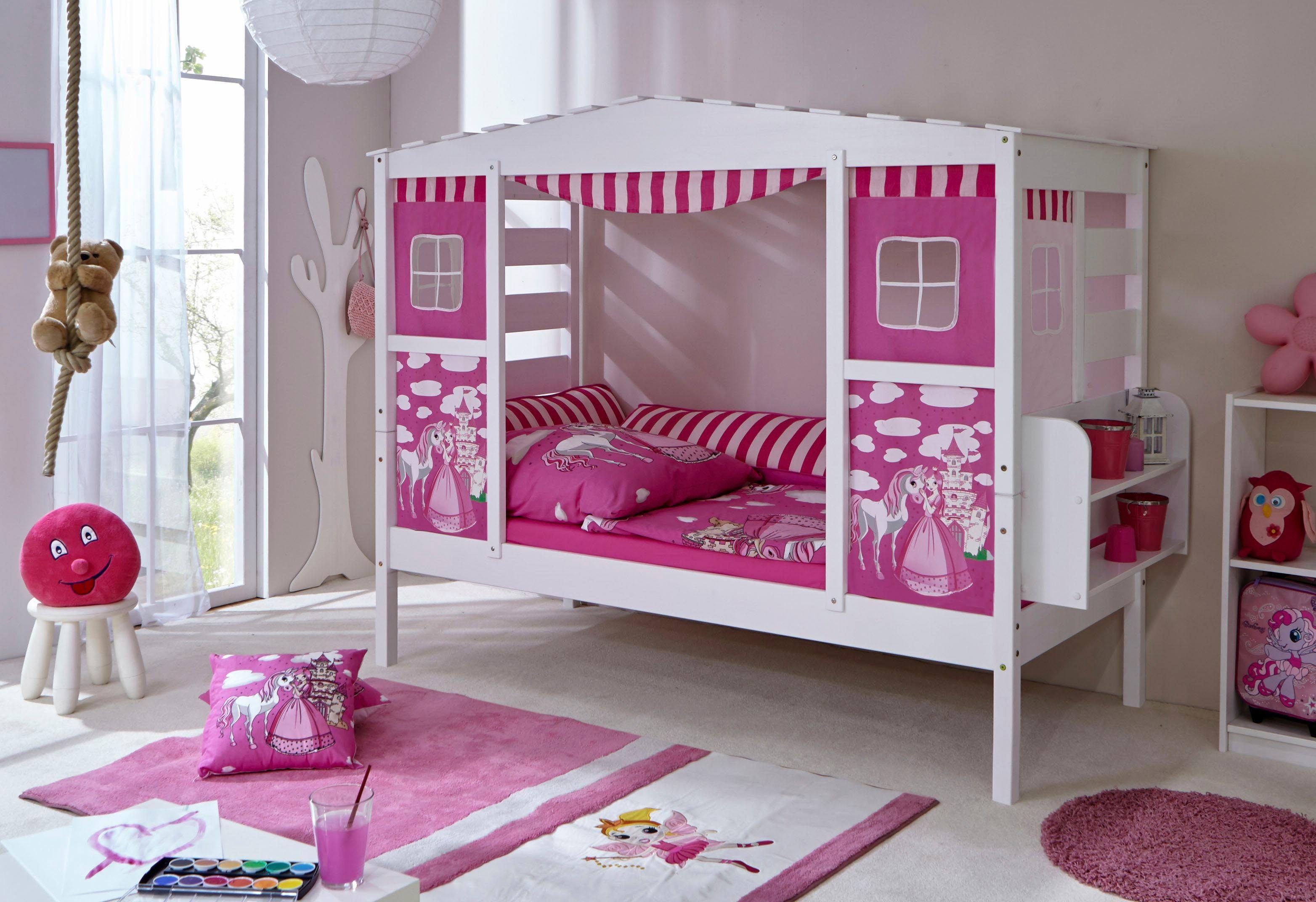 Kiefer Hausbett »Prinzessin« Ticaa Kinderbett massiv Lio, weiß gewachst-Textil-Set