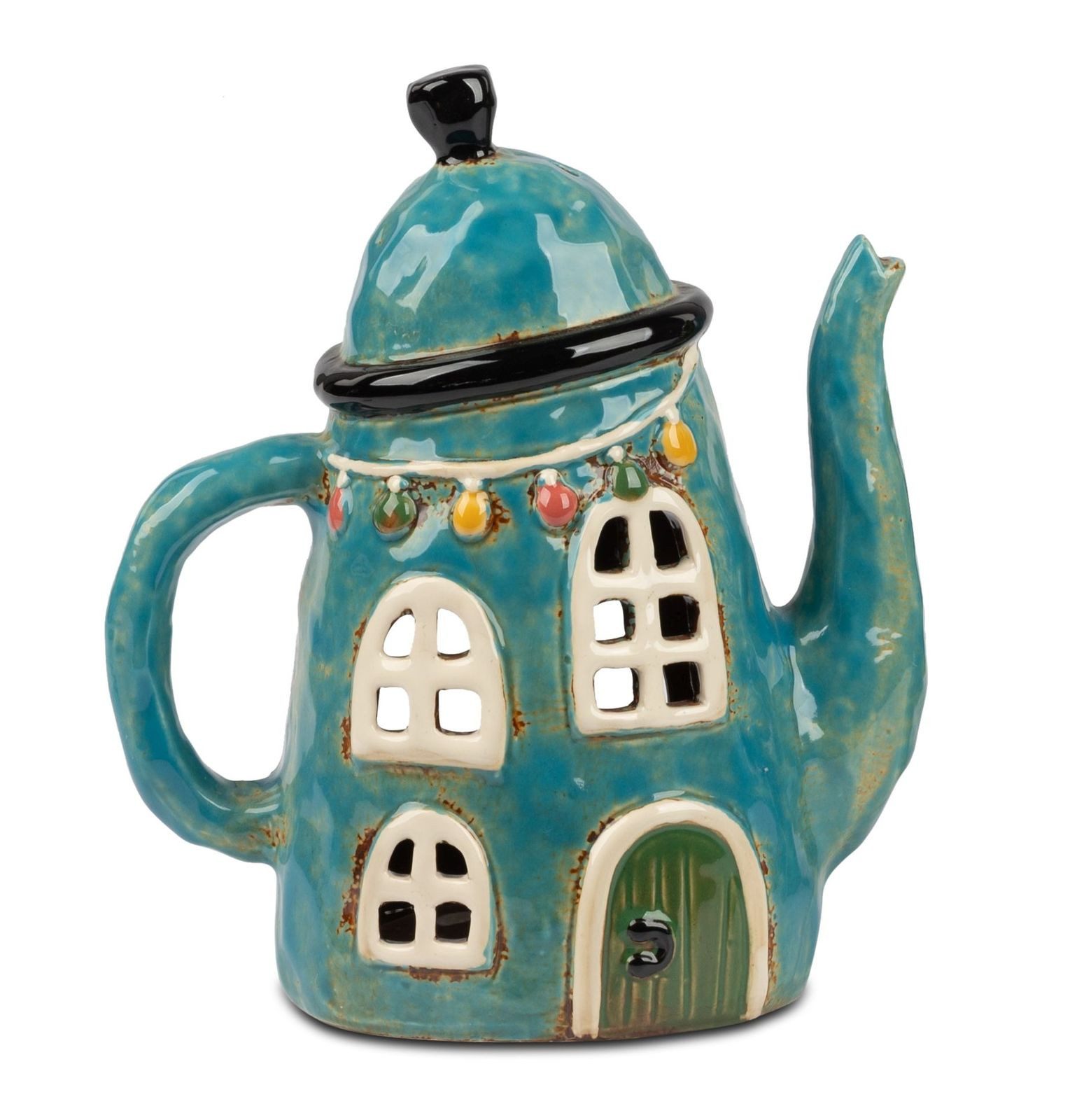 formano Teelichthalter mit Tablett Windlicht Kanne 18x20 cm Steinzeug Handbemalt Teelicht Haus Deko (Sparset)