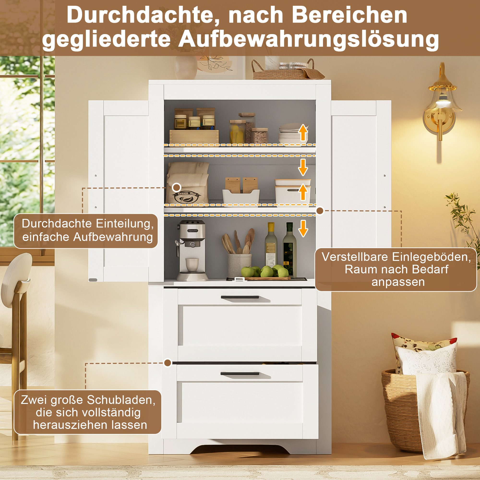 Celya Küchenbuffet Küchenschrank im Landhausstil mit 2 Schubladen (mit verstellbaren Einlegeböden für Küche, Esszimmer und Wohnzimmer) Seitenschrank im Scheunen – Bild 4 von 5