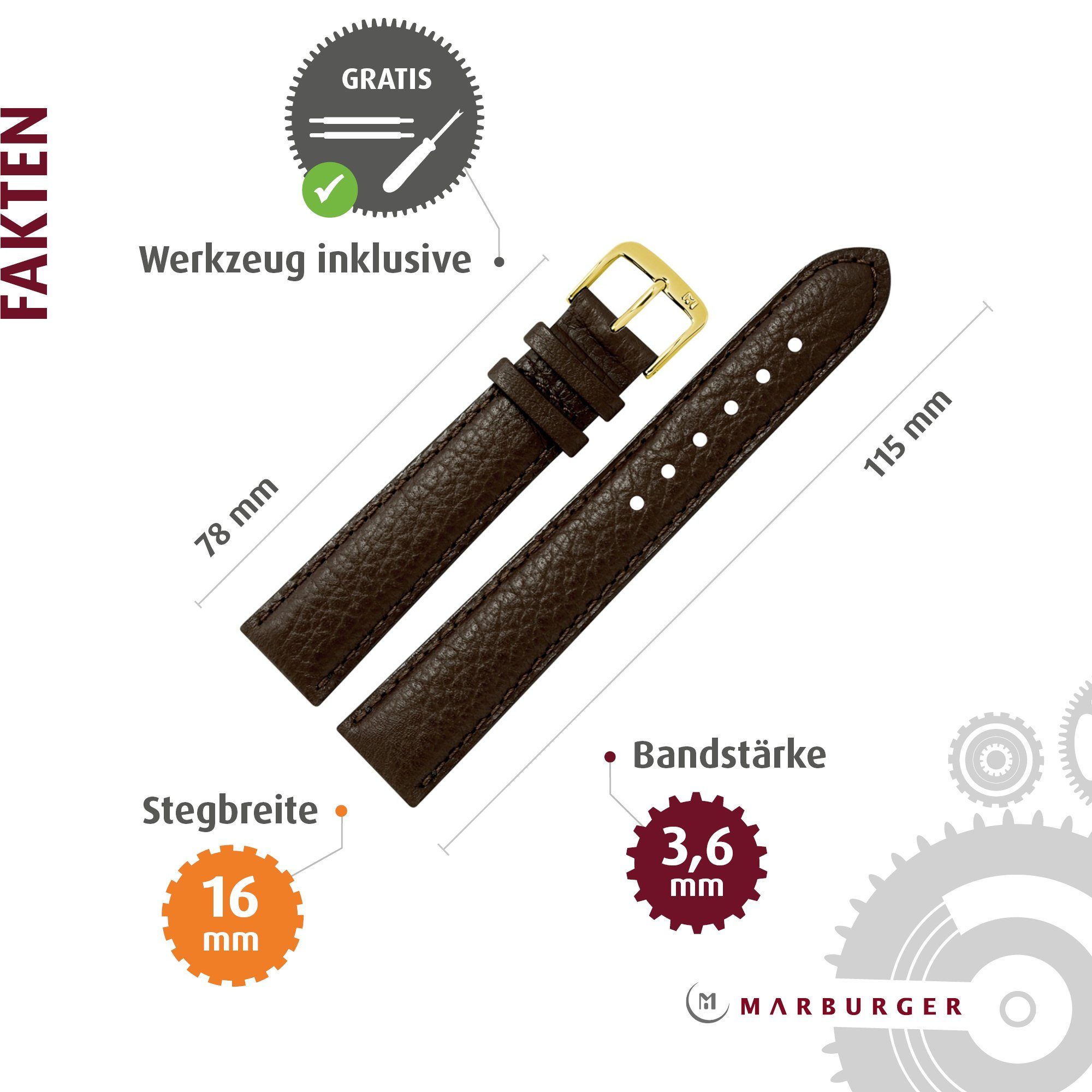 MARBURGER Uhrenarmband 16mm Leder Buffalo Prägung